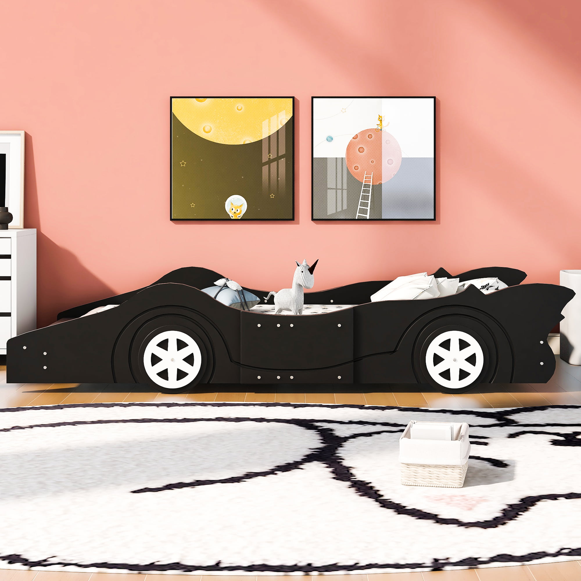 HSUNNS Twin Size Kids Race Car-Shaped Platform Bed with Wheels. Wooden Black