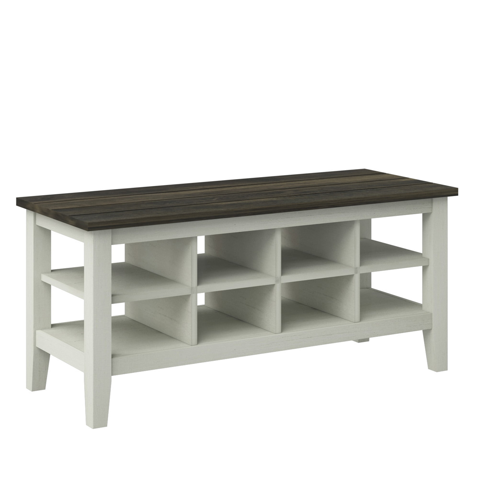 Twin Star Home Modern Farmhouse Two-Tone Storage Bench with Planked Top and Removable Dividers in Old Wood White