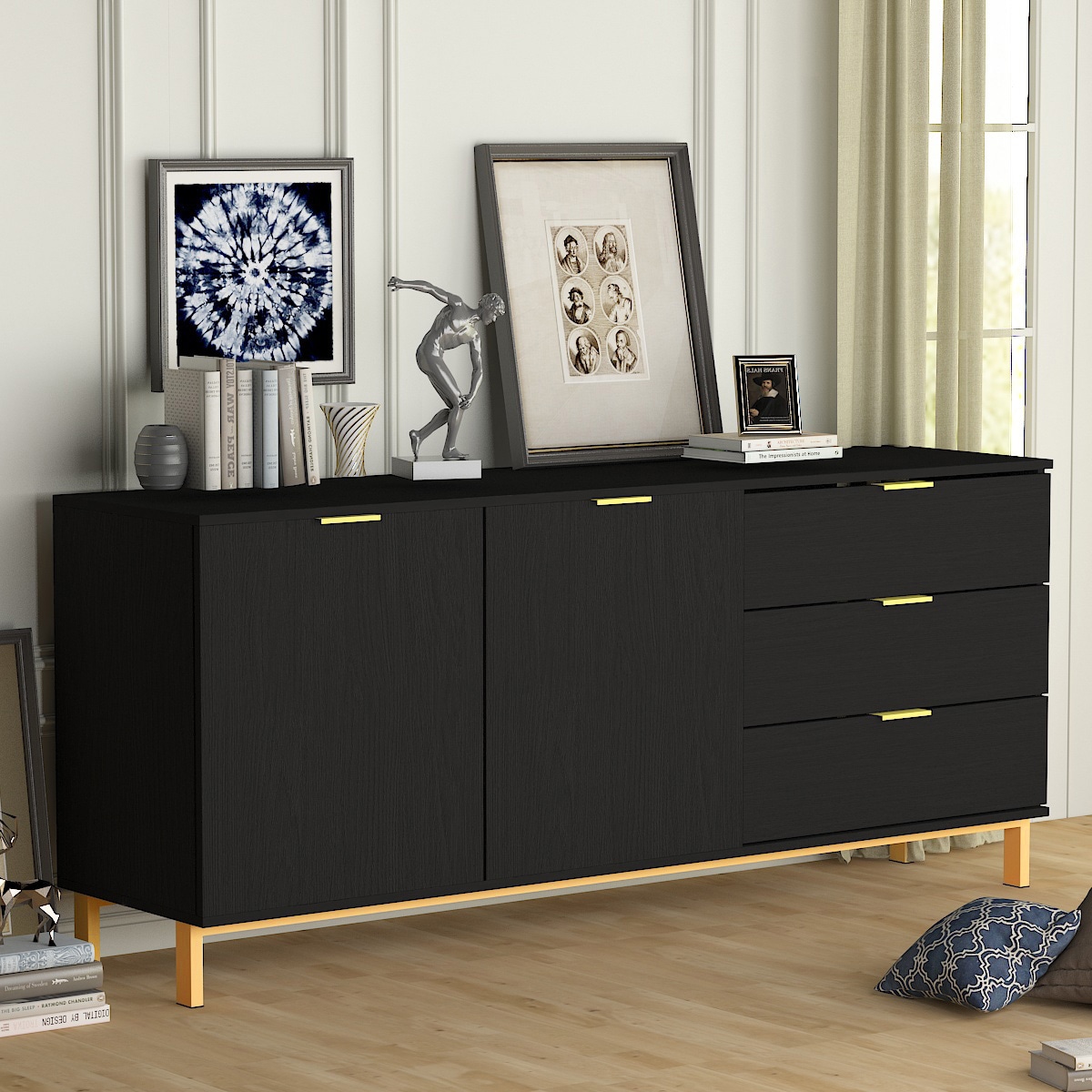 FUFU&GAGA Storage Cabinet 62.9-in W x 27.5-in H Wood Composite Black Freestanding Utility Storage Cabinet