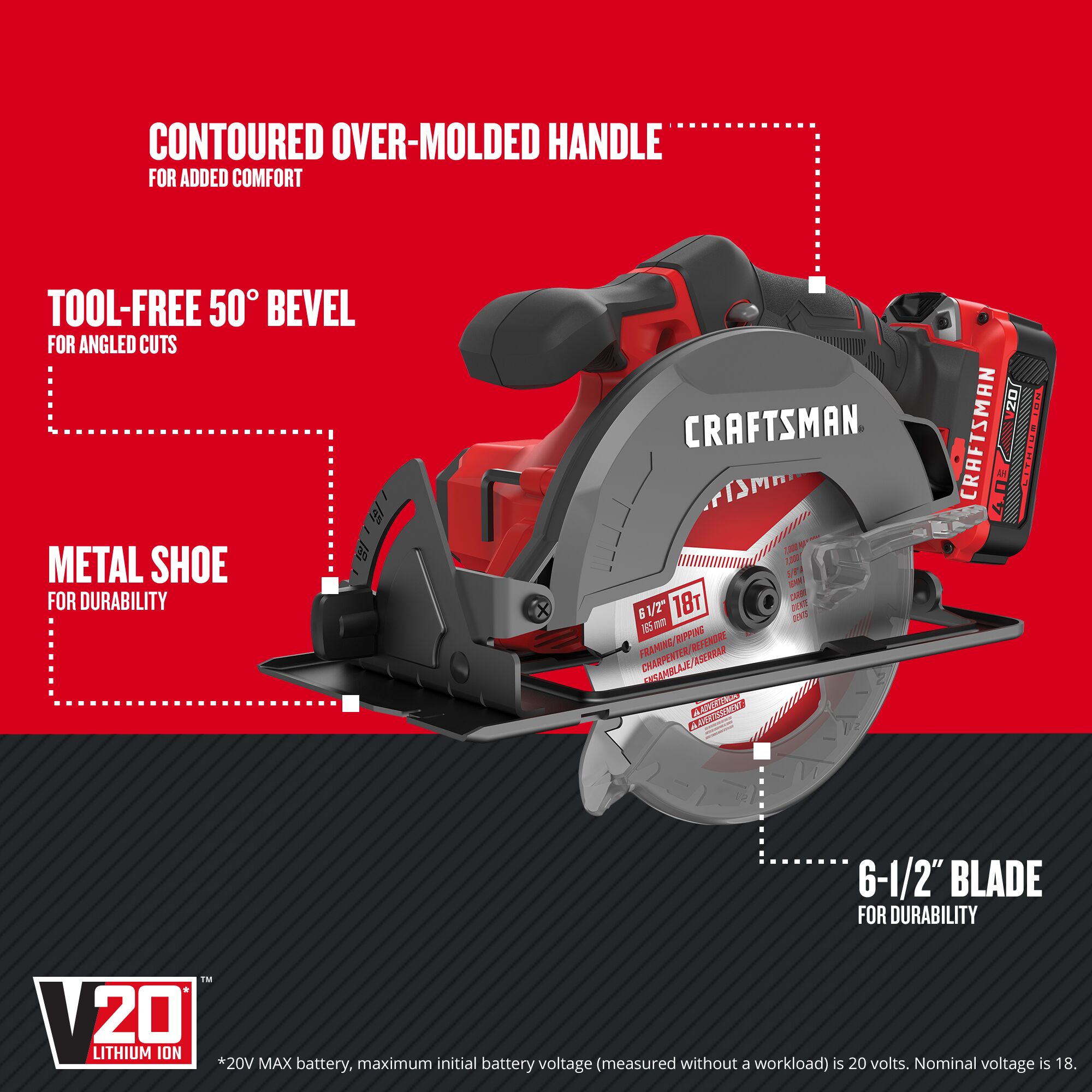 CRAFTSMAN V20 20-volt Max 6-1/2-in Cordless Circular Saw Kit Circular Saw (1-Battery and Charger Included)