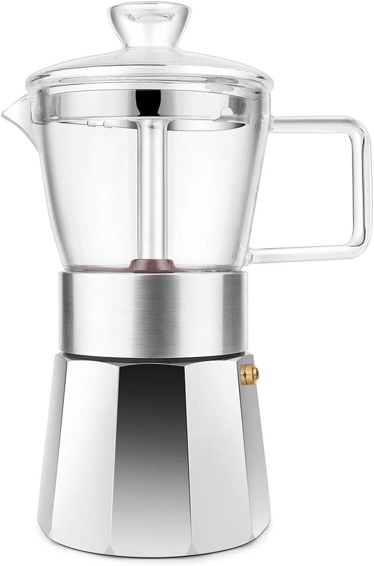 GEESTA Moka Pot Premium Crystal Glass Top Stovetop Espresso Moka Pot 6 cup Coffee Maker. 240ml 8.5oz 6 cup (espresso cup 40ml) Coffee Lover Gifts Ideas