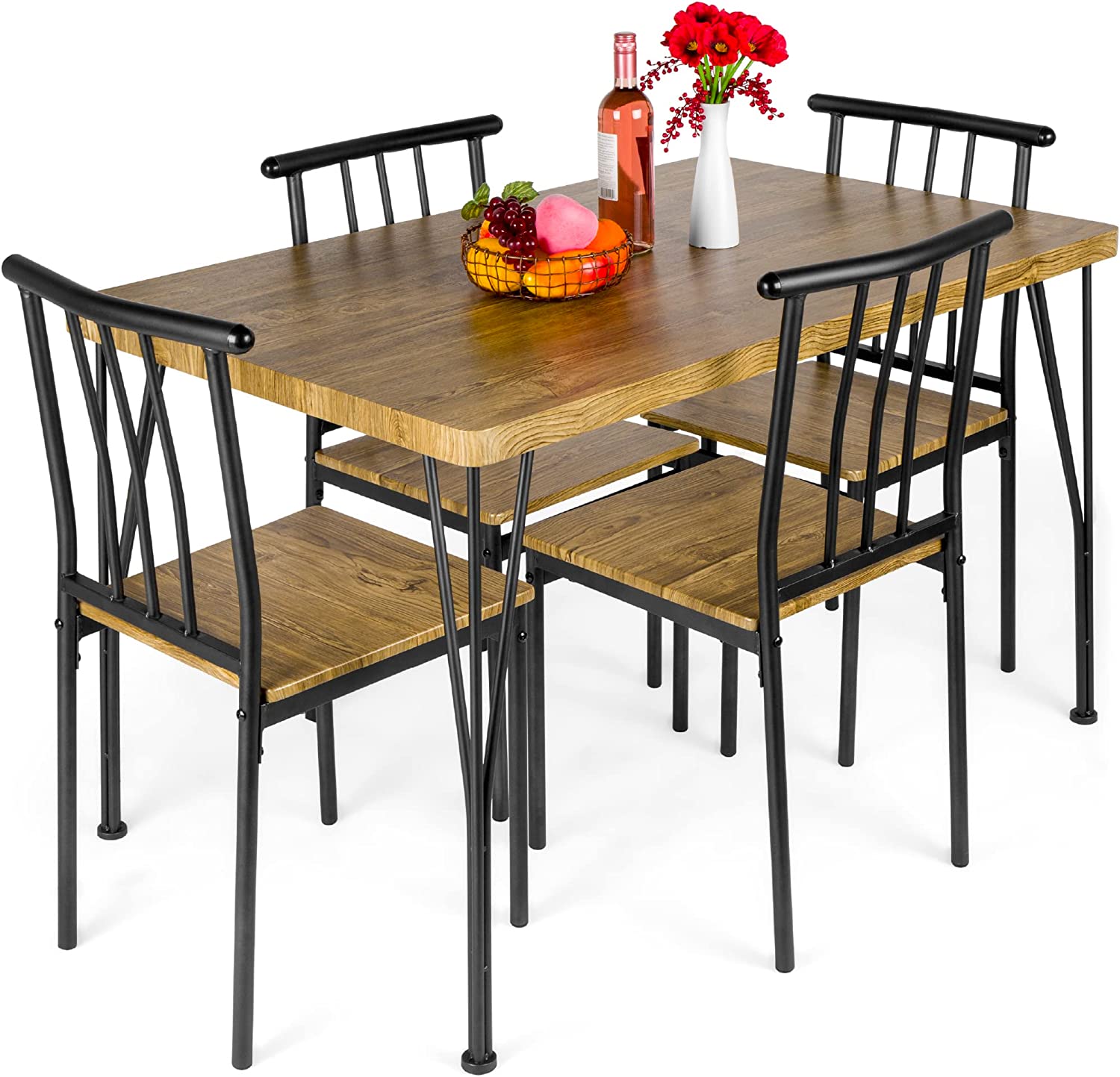 Best Choice Products 5-Piece Metal and Wood Indoor Modern Rectangular Dining Table Furniture Set for Kitchen. Dining Room. Dinette. Breakfast Nook w/ 4 Chairs - Brown