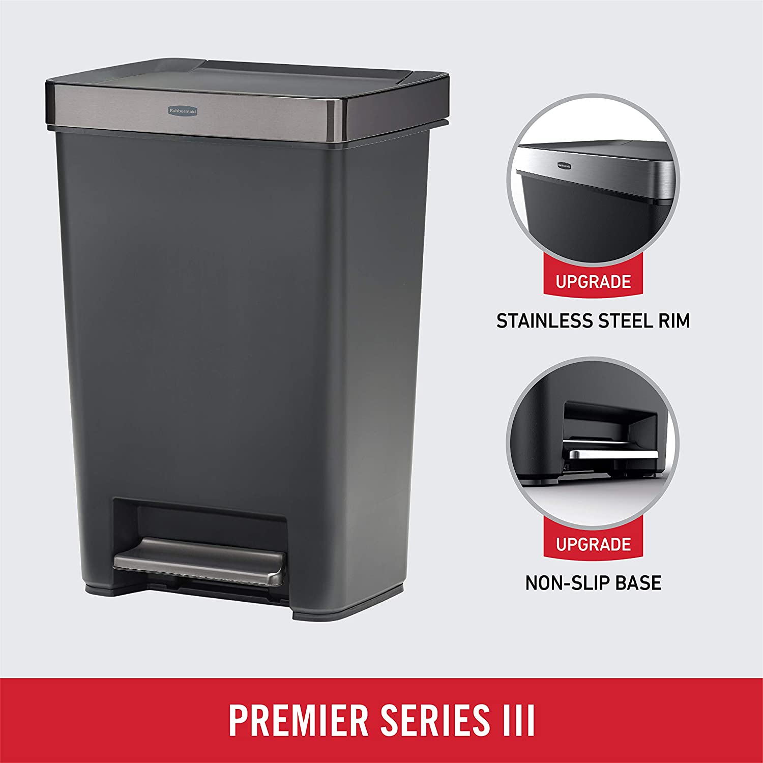 Rubbermaid Premier Series III Step-On Trash Can for Home and Kitchen. with Stainless Steel Rim. 12.4 Gallon. Charcoal