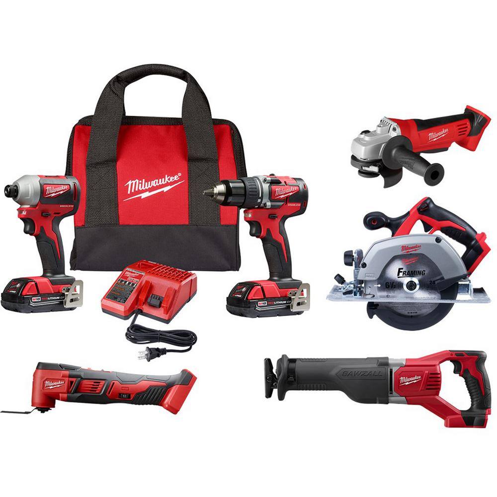 Milwaukee 2892-22CT-2626-20-2630-20-2621-20-GRD M18 18V Lithium-Ion Cordless Compact Drill/Impact/Multi-Tool/Circular Saw/Recip Saw Combo Kit (5-Tool) W/ Grinder