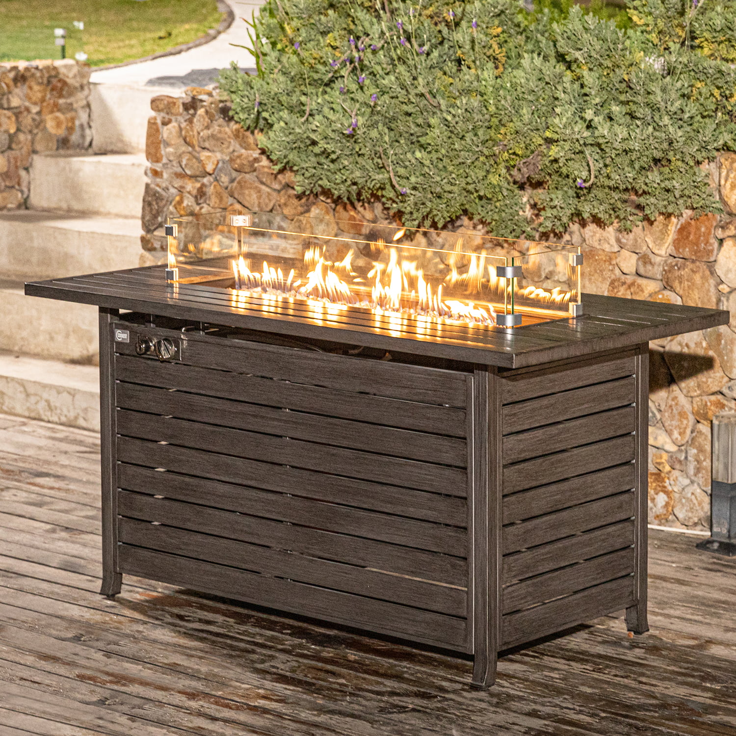 COSIEST Outdoor Propane Hand Painted Faux Grey Birch Fire Pit with Wind Guard
