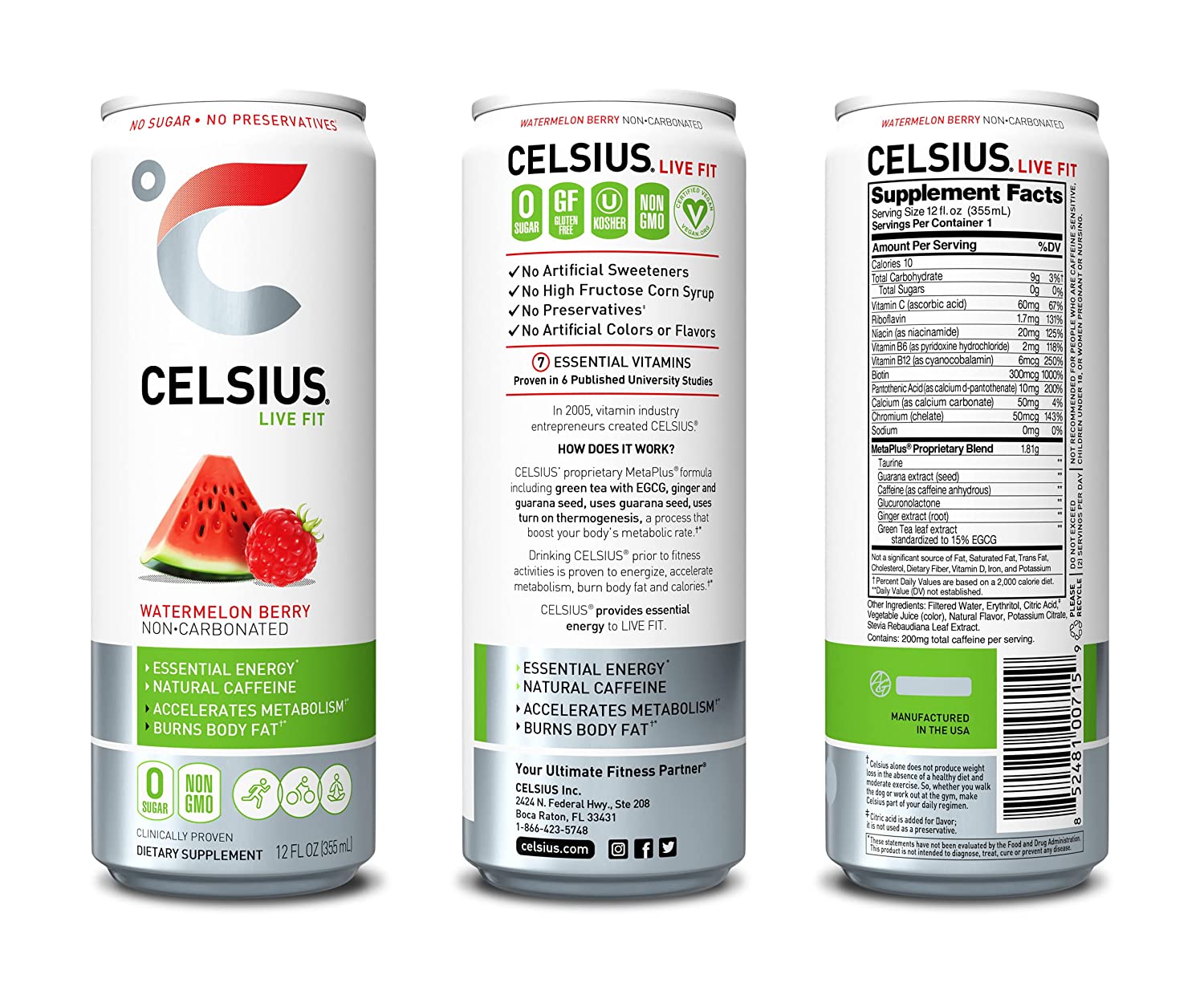 CELSIUS Sweetened with Stevia Watermelon Berry Non-Carbonated Fitness Drink. Zero Sugar. 12oz. Slim Can (Pack of 12)
