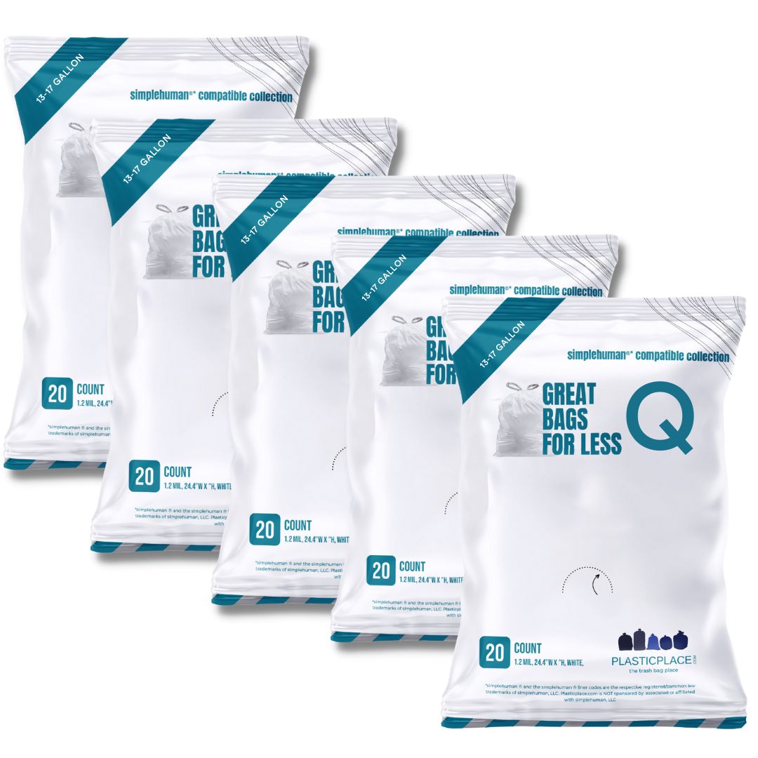 Plasticplace Simplehuman®* Code Q Compatible Packs. White Drawstring Garbage Liners 13-17 Gallon. 25.25″W x 32.75″H (20 Count/5 Pack)