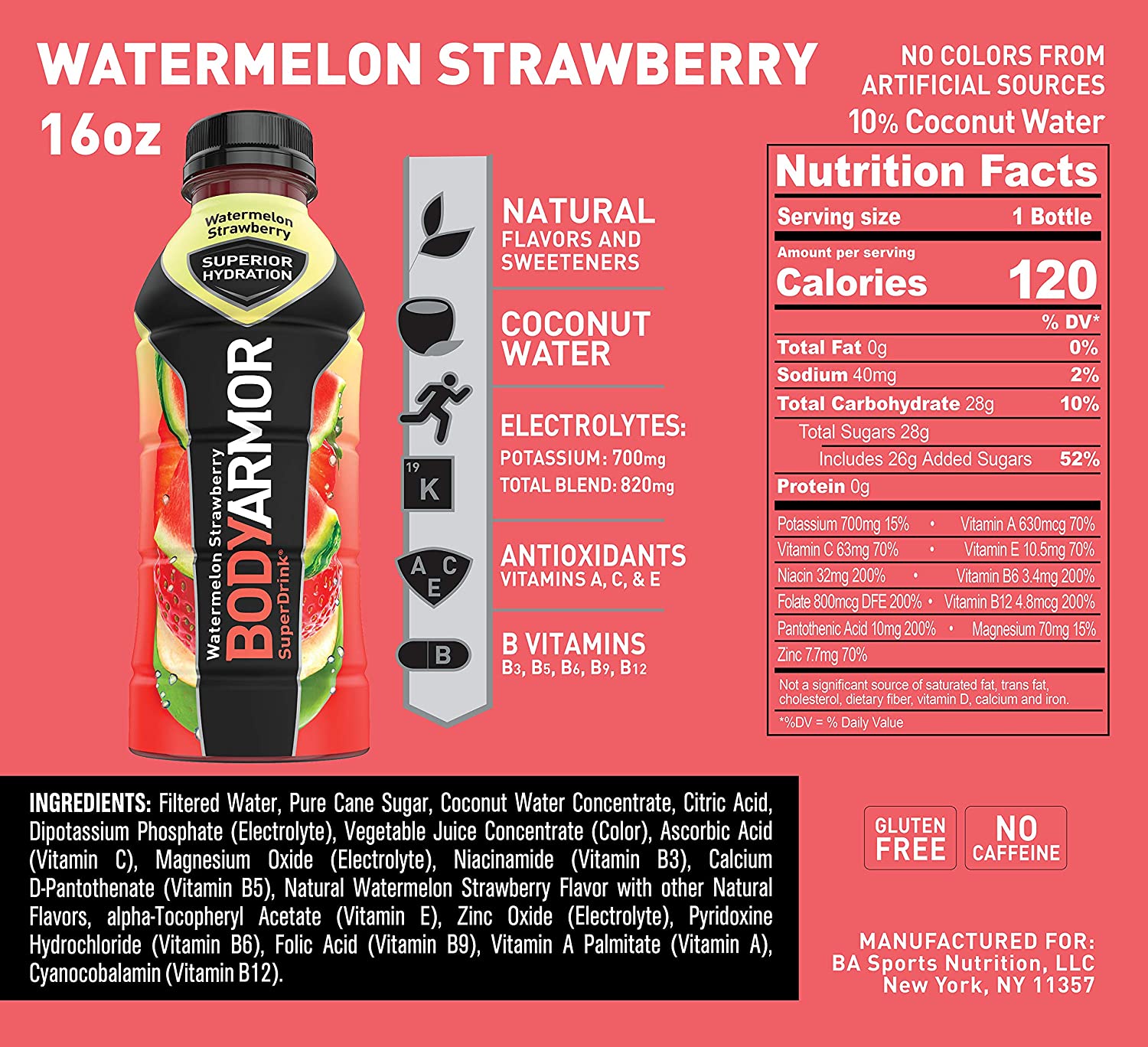 BODYARMOR Sports Drink Sports Beverage. Watermelon Strawberry. Natural Flavors With Vitamins. Potassium-Packed