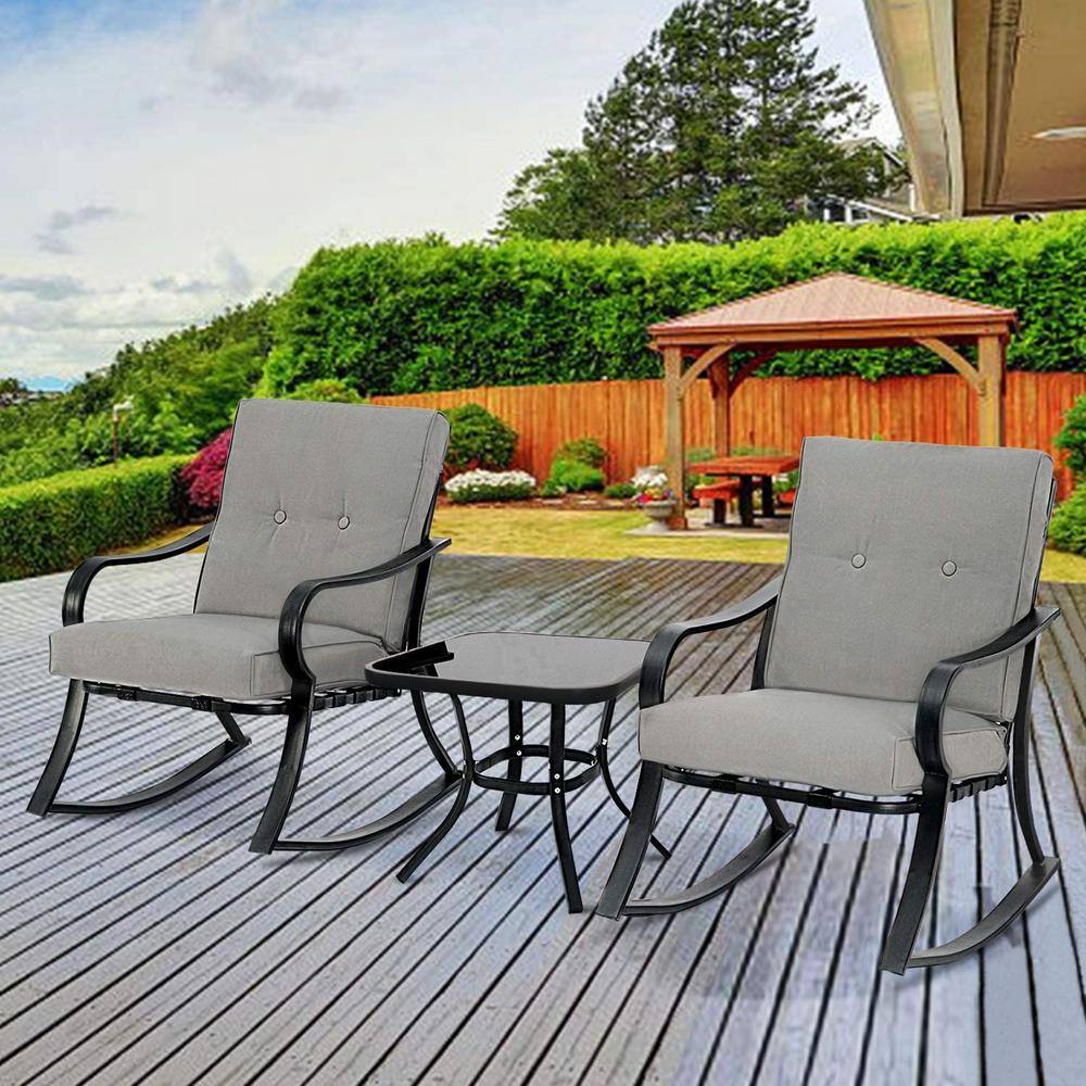 Suncrown  3-Piece Metal Outdoor Bistro Set Rocking Chairs with Gray Cushions