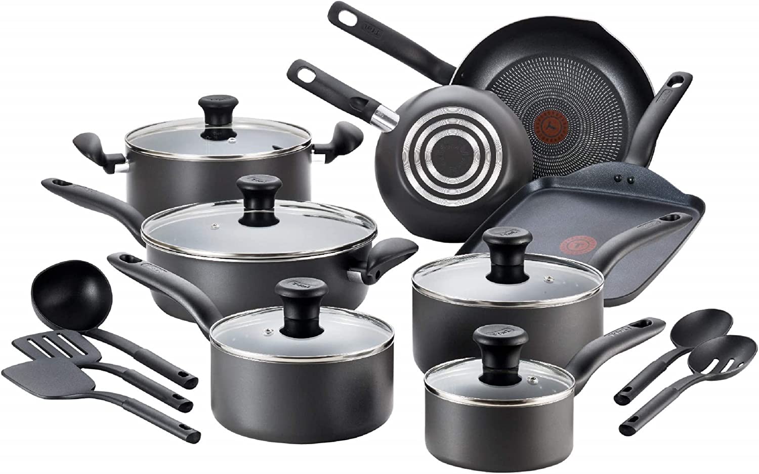 T-fal Initiatives Nonstick Cookware Set 18 Piece Pots and Pans. Dishwasher Safe Black