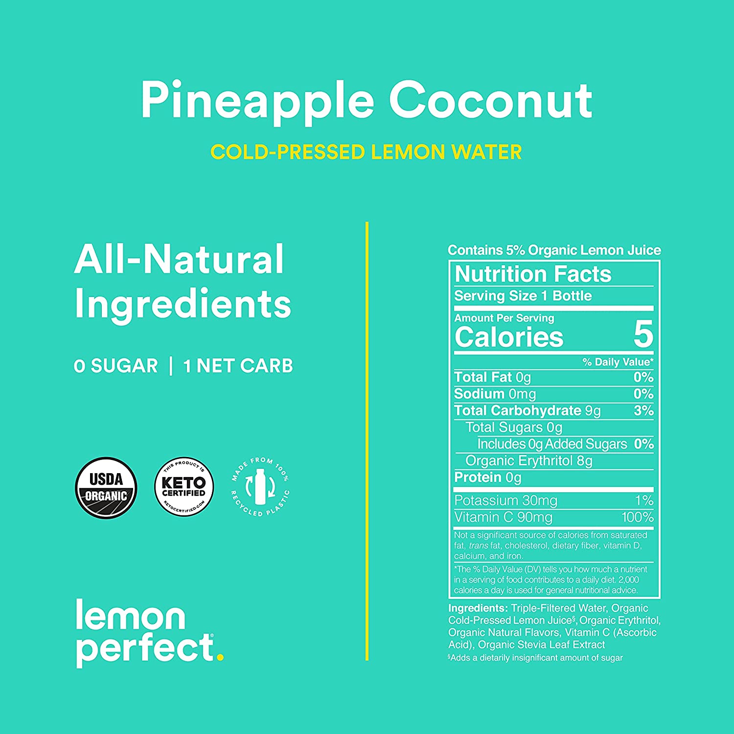 Lemon Perfect. Organic Cold-Pressed Lemon Water. Flavored Water. Pineapple Coconut (12-Pack)