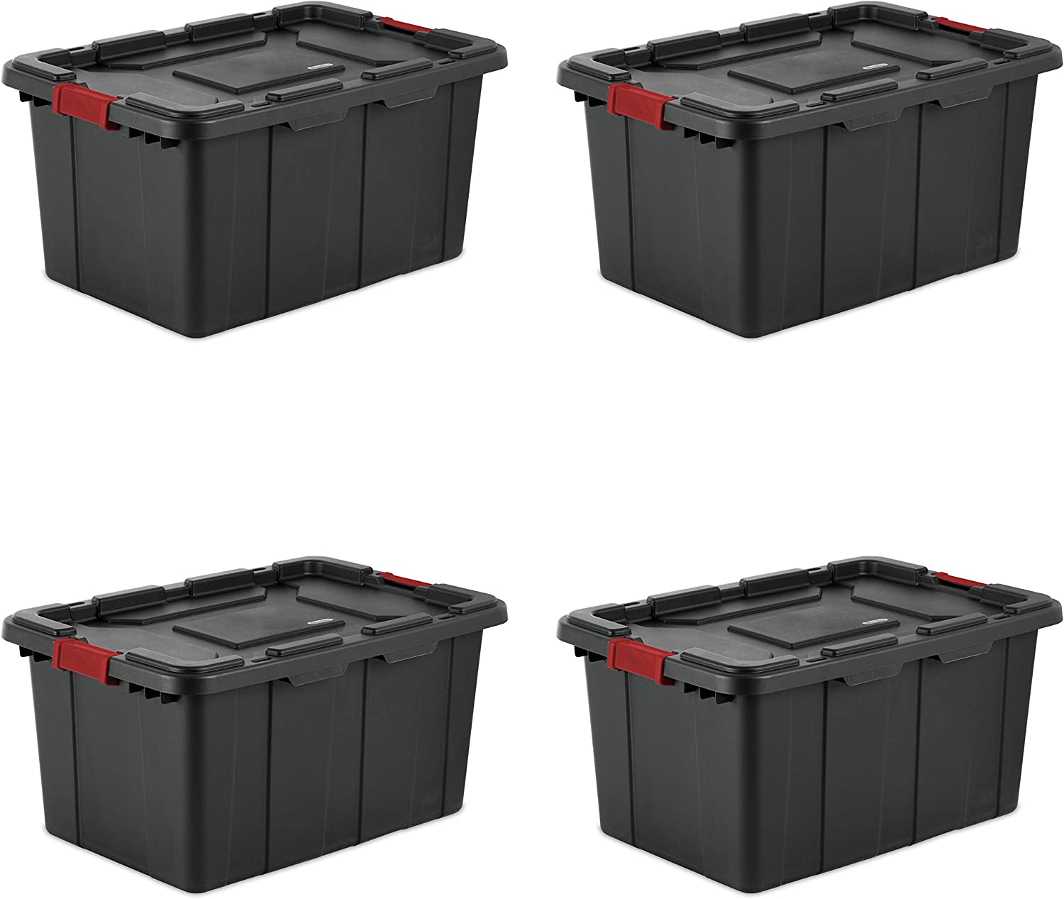 Sterilite 14669004 27 Gallon/102 Liter Industrial Tote. Black Lid & Base w/ Racer Red Latches. 4-Pack