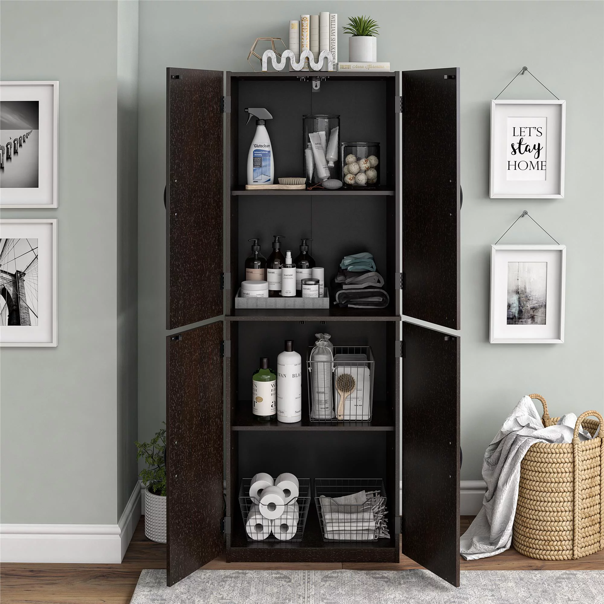 Mainstays 4-Door 5′ Storage Cabinet. Dark Chocolate