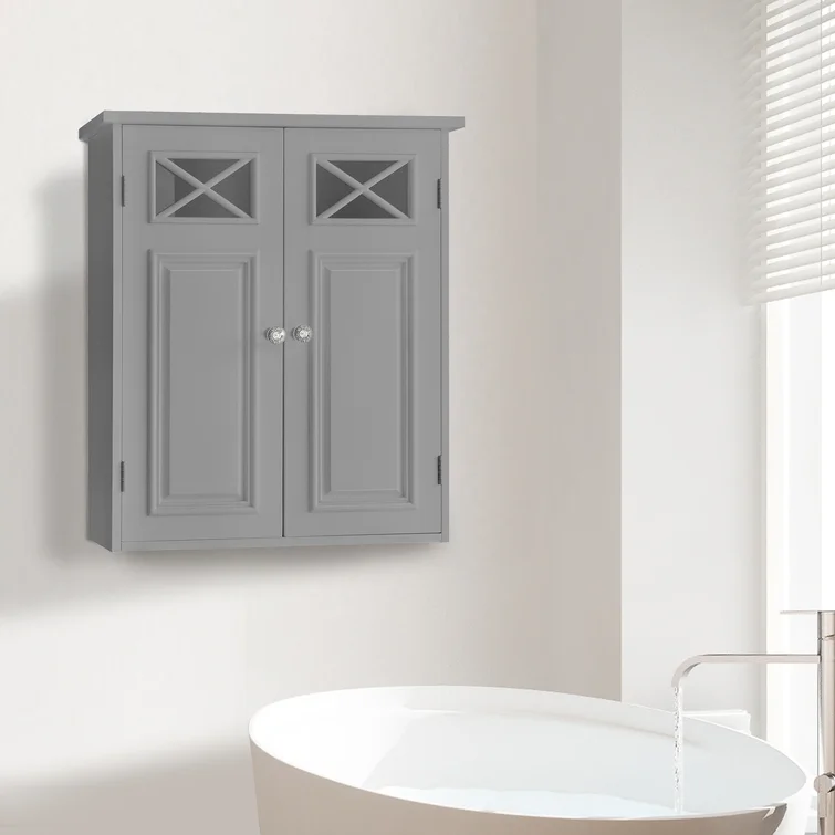 Beachcrest Home Woodley Removable Wooden Wall Cabinet with Cross Molding and 2 Doors. Gray