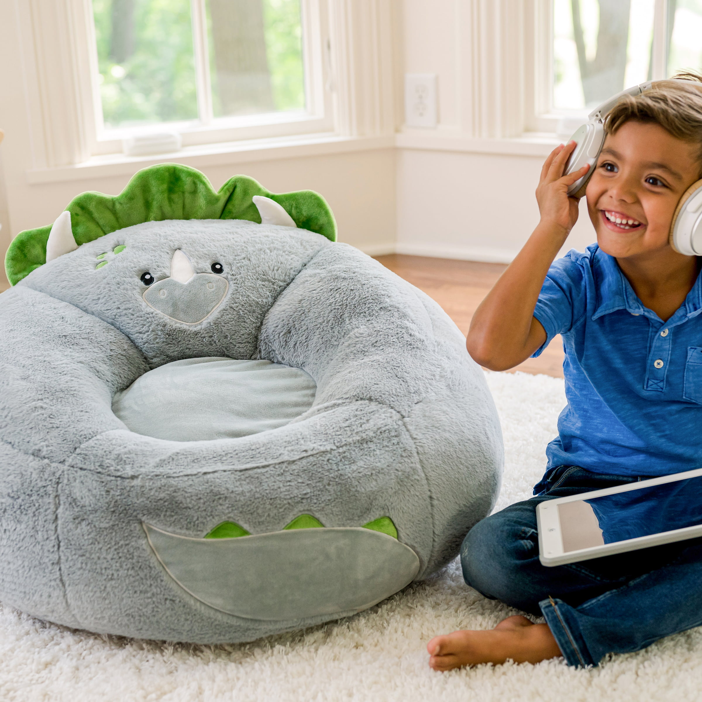 Your Zone Soft Plush Dinosaur Bean Bag Chair. Kids. 2.25 ft. Grey