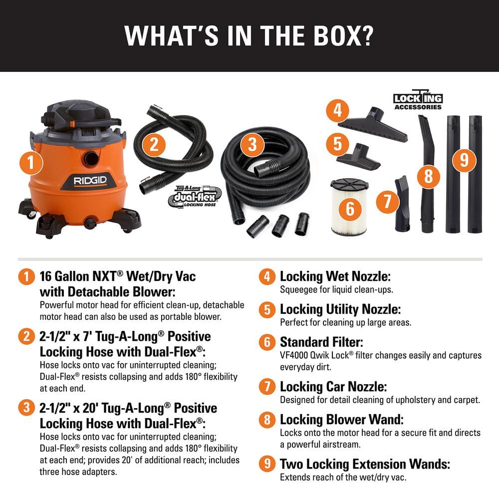 RIDGID HD1600D 16 Gallon 6.5 Peak HP NXT Wet/Dry Shop Vacuum with Detachable Blower. Filter. 7 ft Hose. 20 ft Hose and Accessories