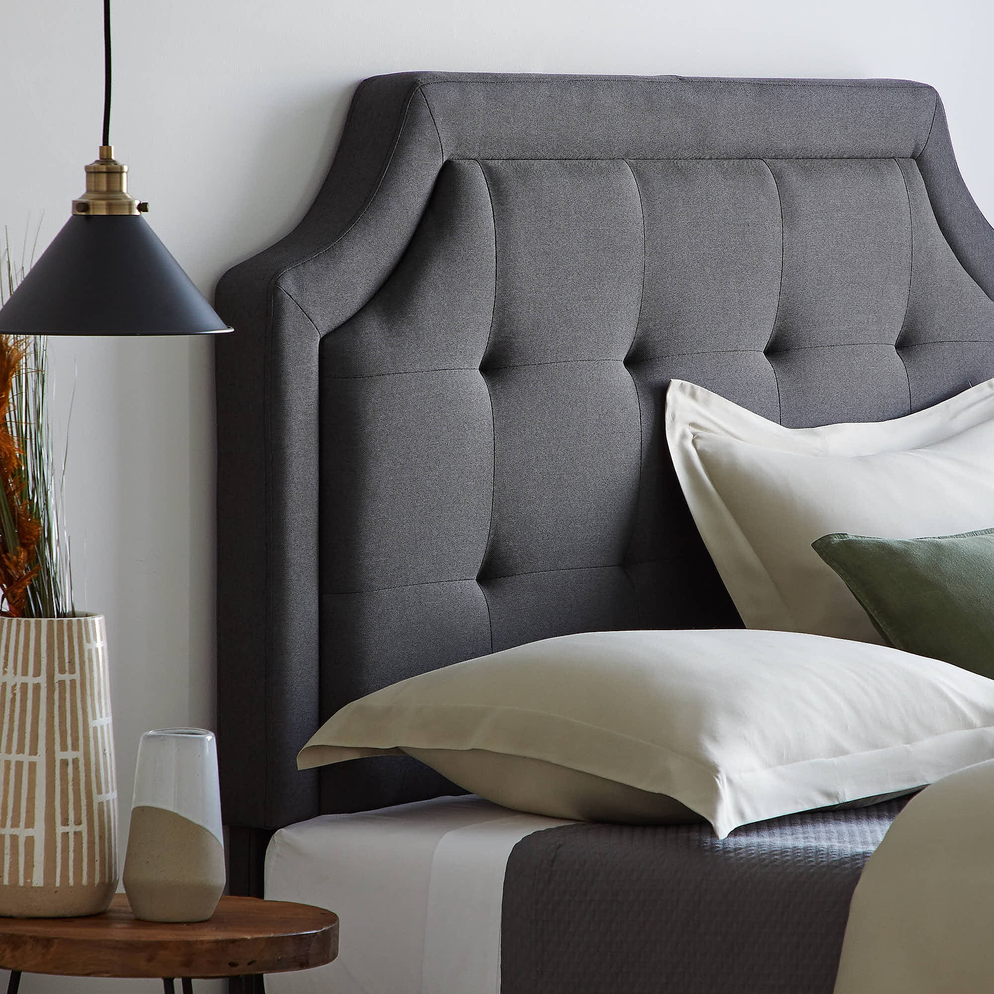 Rest Haven Scallop Edged Upholstered Headboard. Full/Full XL. Charcoal