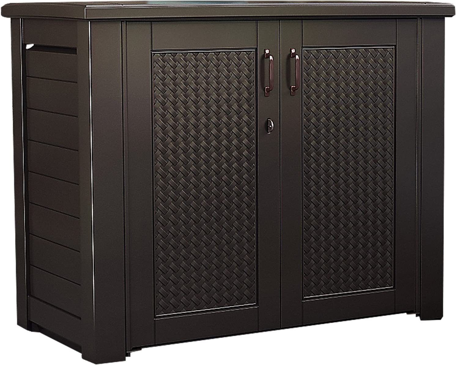 Rubbermaid Extra Large Decorative Patio Storage Cabinet. Weather Resistant. 123 Gal.. Dark Teakwood. for Garden/Backyard/Home/Pool