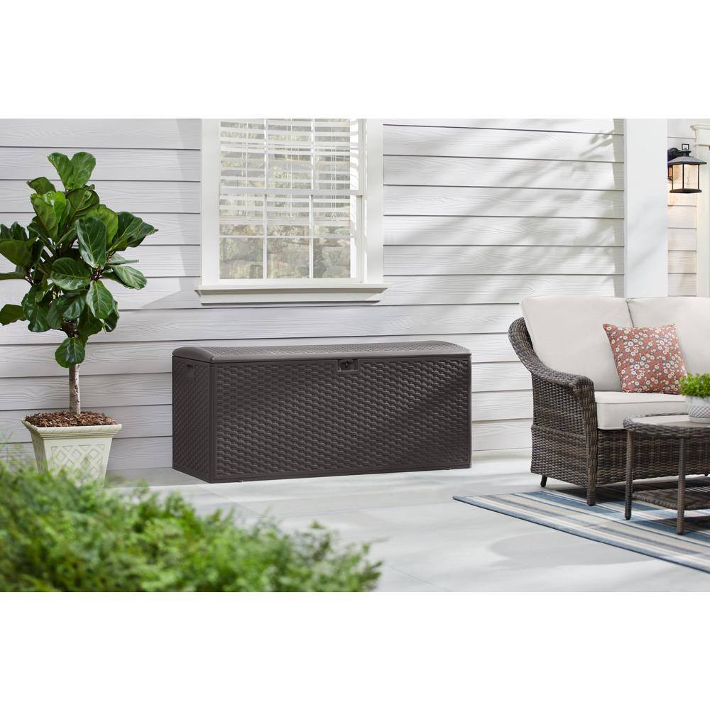 Hampton Bay HBDB150J-GS 150 Gal. Brown Resin Wicker Outdoor Storage Deck Box with Lockable Lid