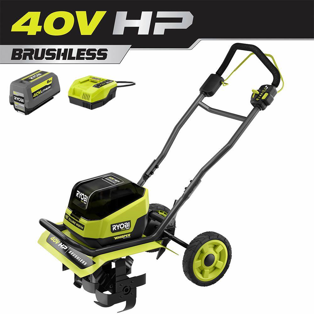 RYOBI RY40730 40V HP Brushless 16 in. Front Tine Tiller with Adjustable Tilling Width with 6.0 Ah Battery and Quick Charger