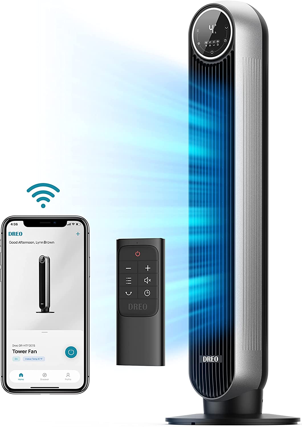 Dreo Nomad One S Alexa Fan. Quiet Tower Fan with Remote. 90° Oscillating Fan with Voice Control. 4 Modes. 4 Speeds