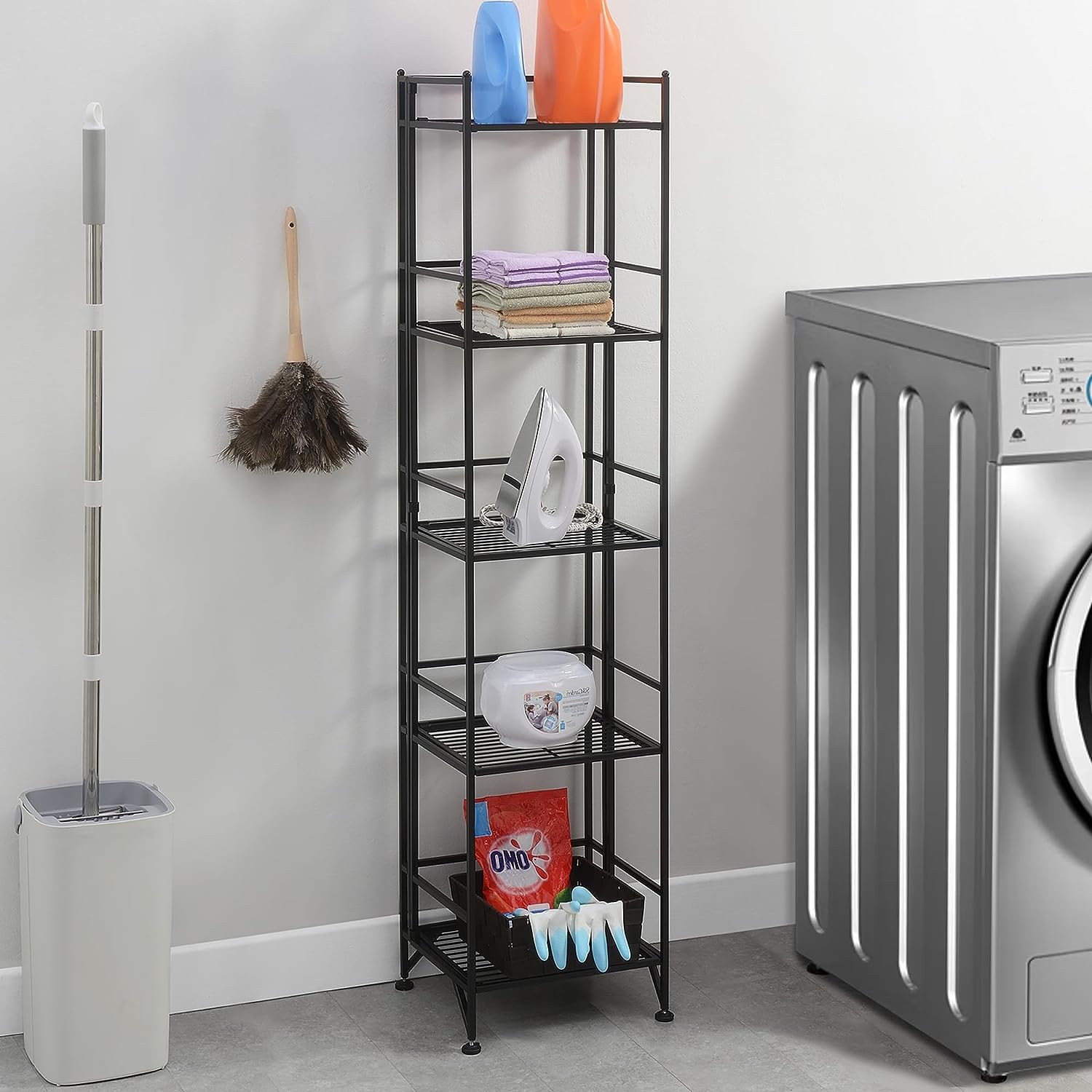 Convenience Concepts Xtra Storage Shelves - 5-Tier Folding Metal Shelving. Modern Shelves for Storage and Display in Living Room. Bathroom. Office. Kitchen. Garage. Black