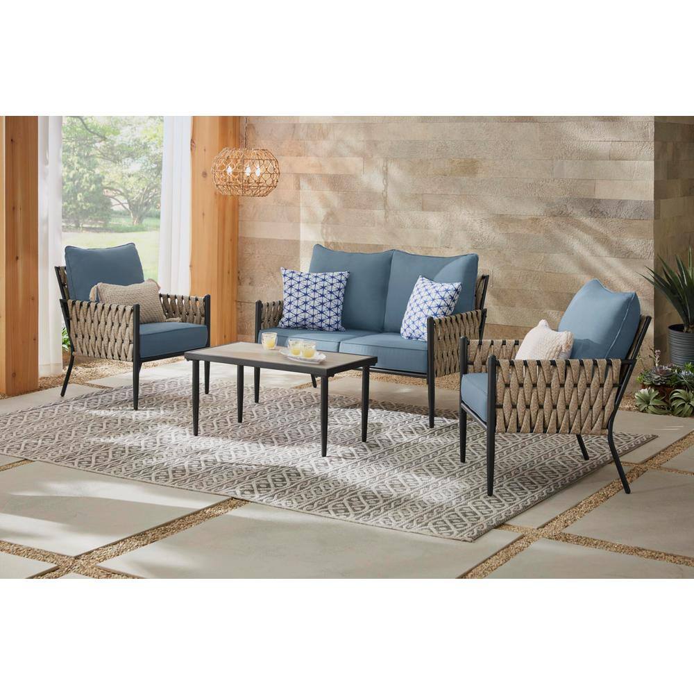 Hampton Bay  Dockview 4-Piece Metal Outdoor Patio Conversation Set with Blue Cushions