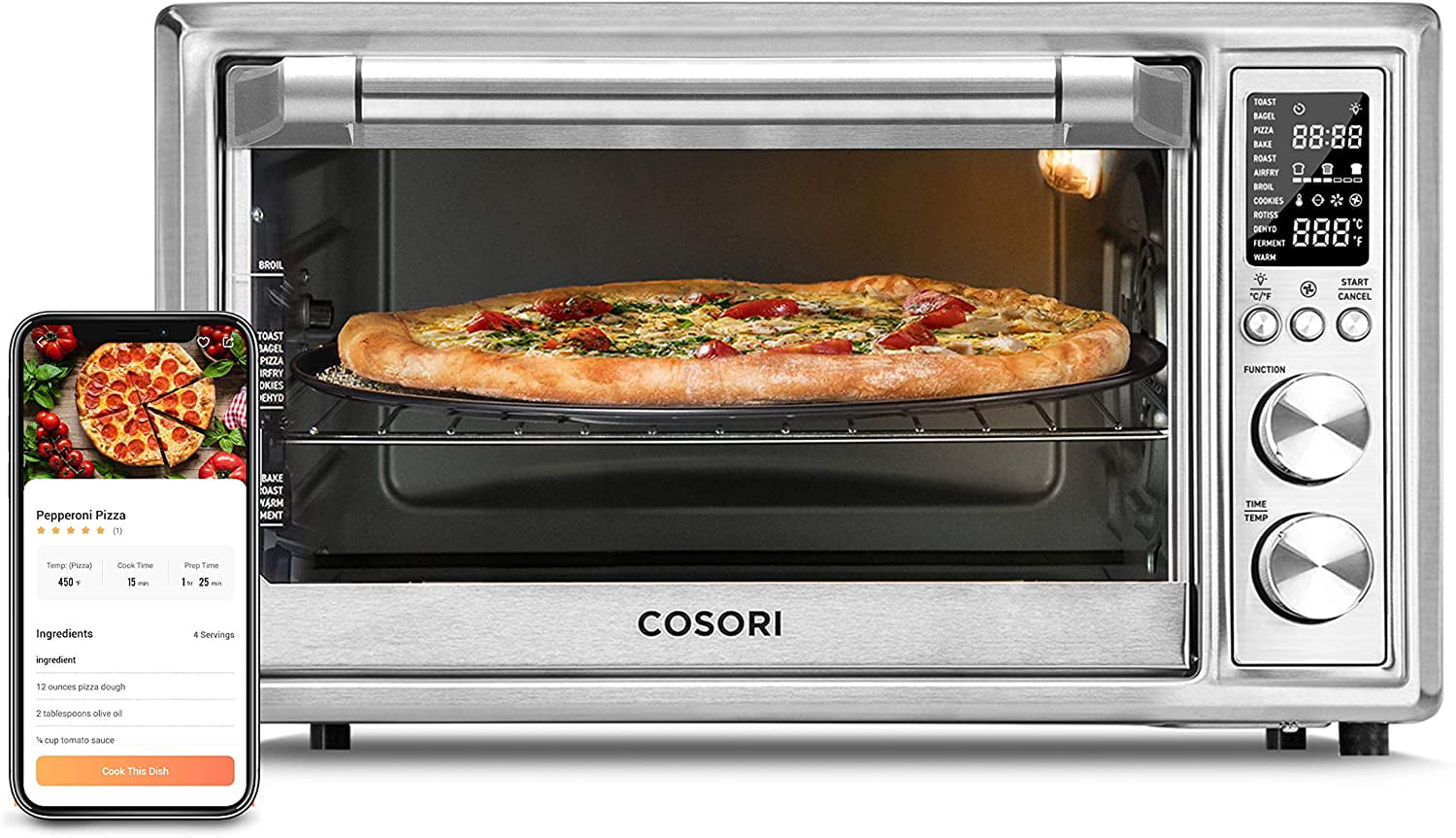 Cosori Toaster Oven Air Fryer CS130-AO. Smart 32QT Large Stainless Steel Countertop Convection Oven for Pizza. Rotisserie. 12-in-1. Silver