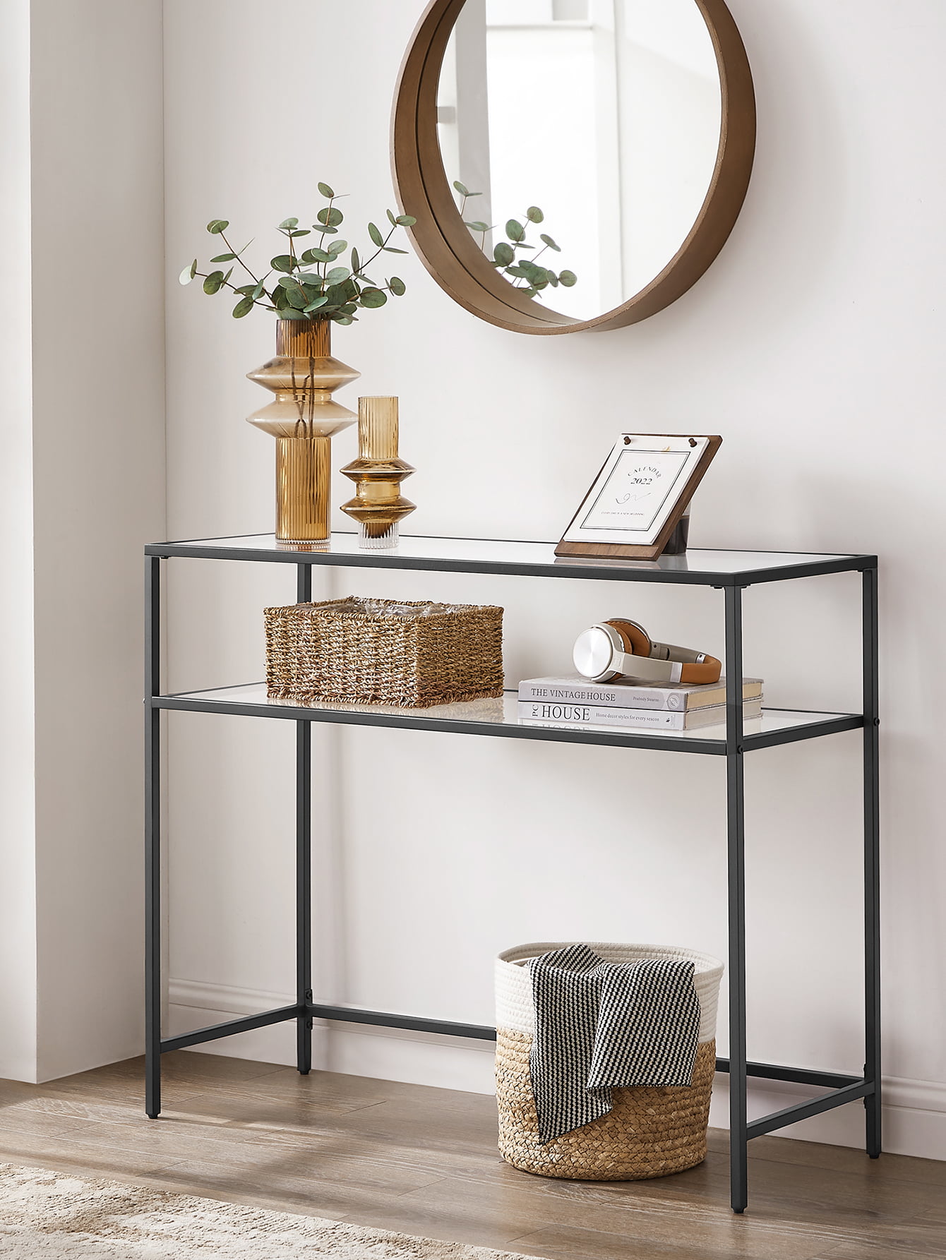 VASAGLE 39.4″ Console Table Glass Table Entryway Table with 2 Shelves Steel Frame Black
