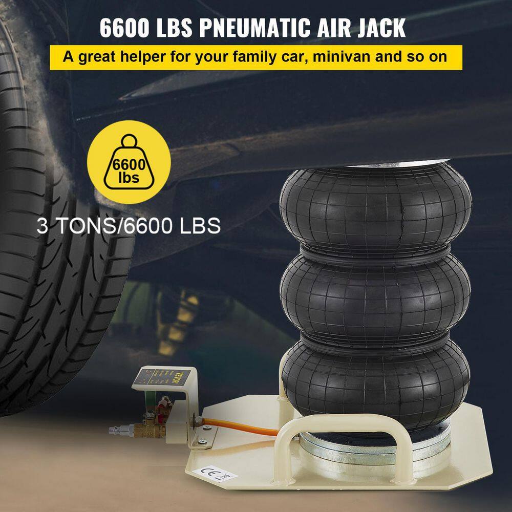 VEVOR QJD3BQDKTDW000001V0 Triple Bag Air Jack 3-Ton Pneumatic Car Jack 6600 lbs. Heavy-Duty Air Jack Lifting Height Up to 16 in. Adjustable