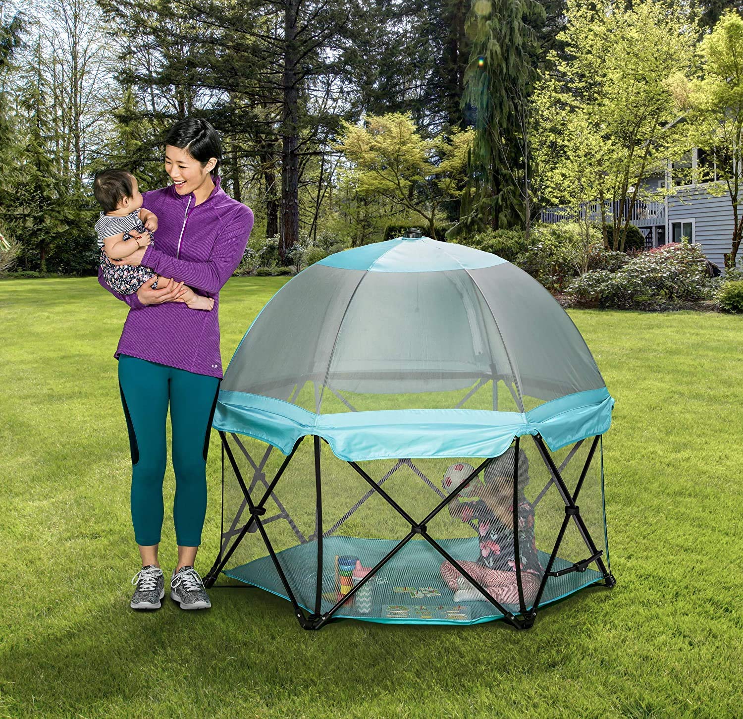Regalo My Play Deluxe Portable Play Yard Indoor and Outdoor. Bonus Kit. Includes a Full Canopy. Washable. Aqua. 6-Panel