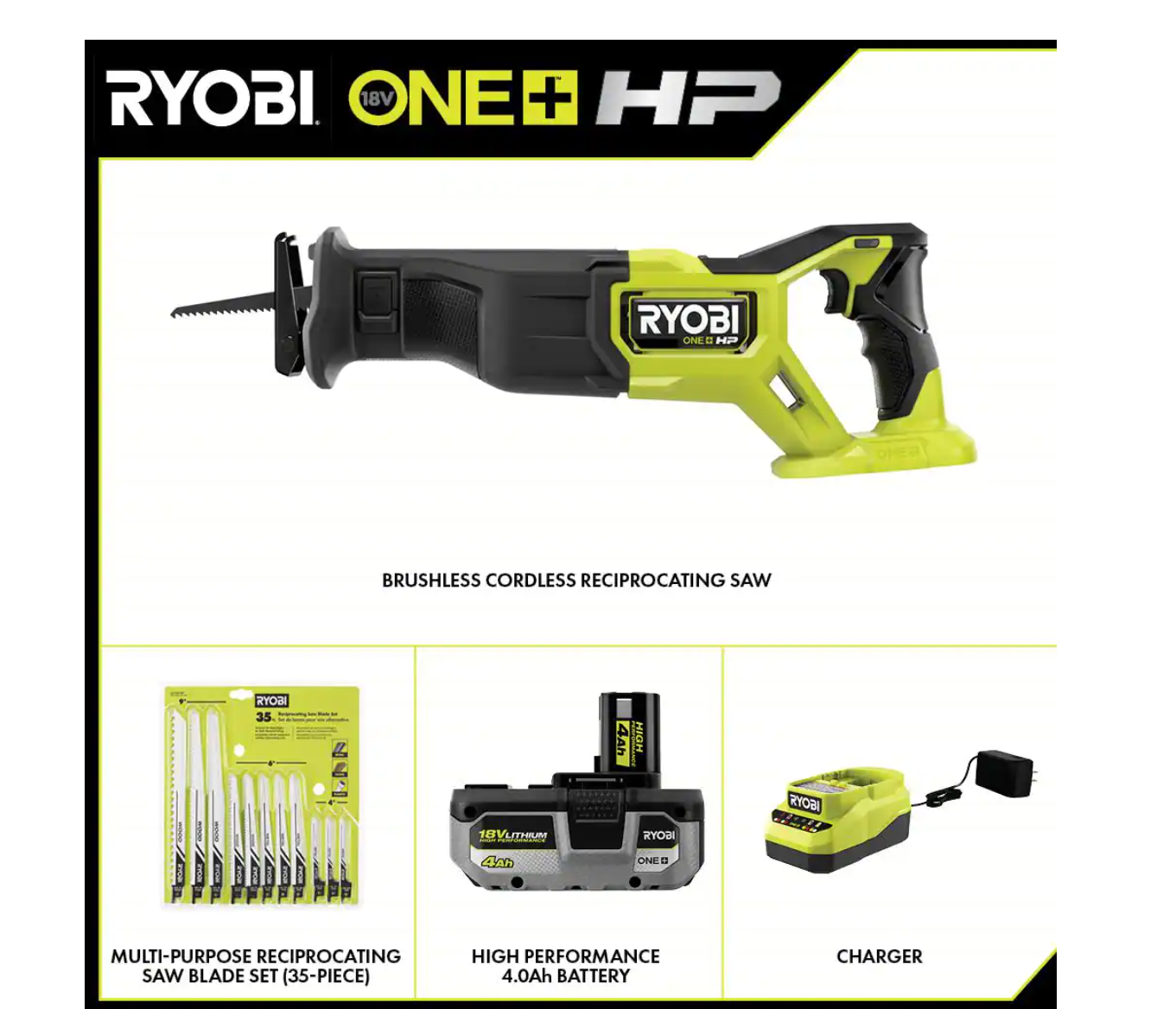 RYOBI PBLRS01K1-A233501 ONE+ HP 18V Brushless Cordless Reciprocating Saw Kit with 4.0Ah Battery. Charger & Reciprocating Saw Blade Set (35Piece)