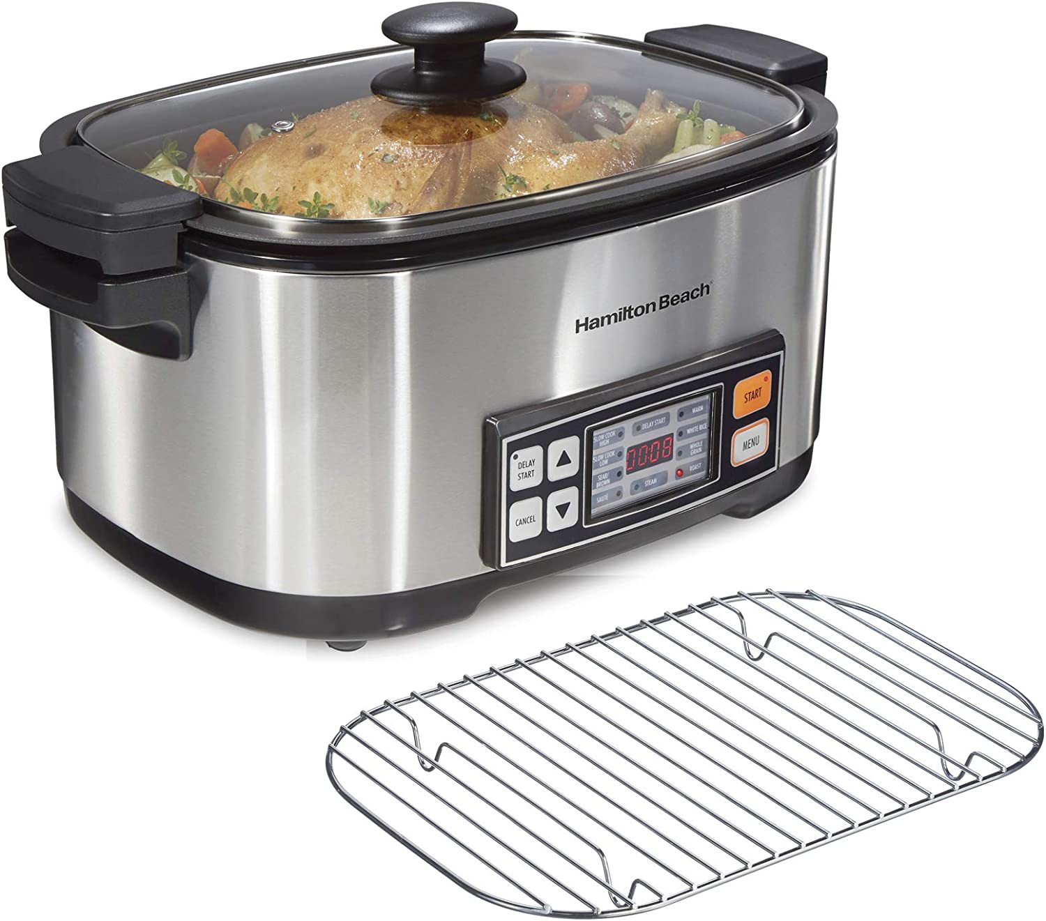 Hamilton Beach 9-in-1 Digital Programmable Slow Cooker with 6 quart Nonstick Crock. Sear. Saute. Steam. Rice Functions. Stainless Steel (33065)