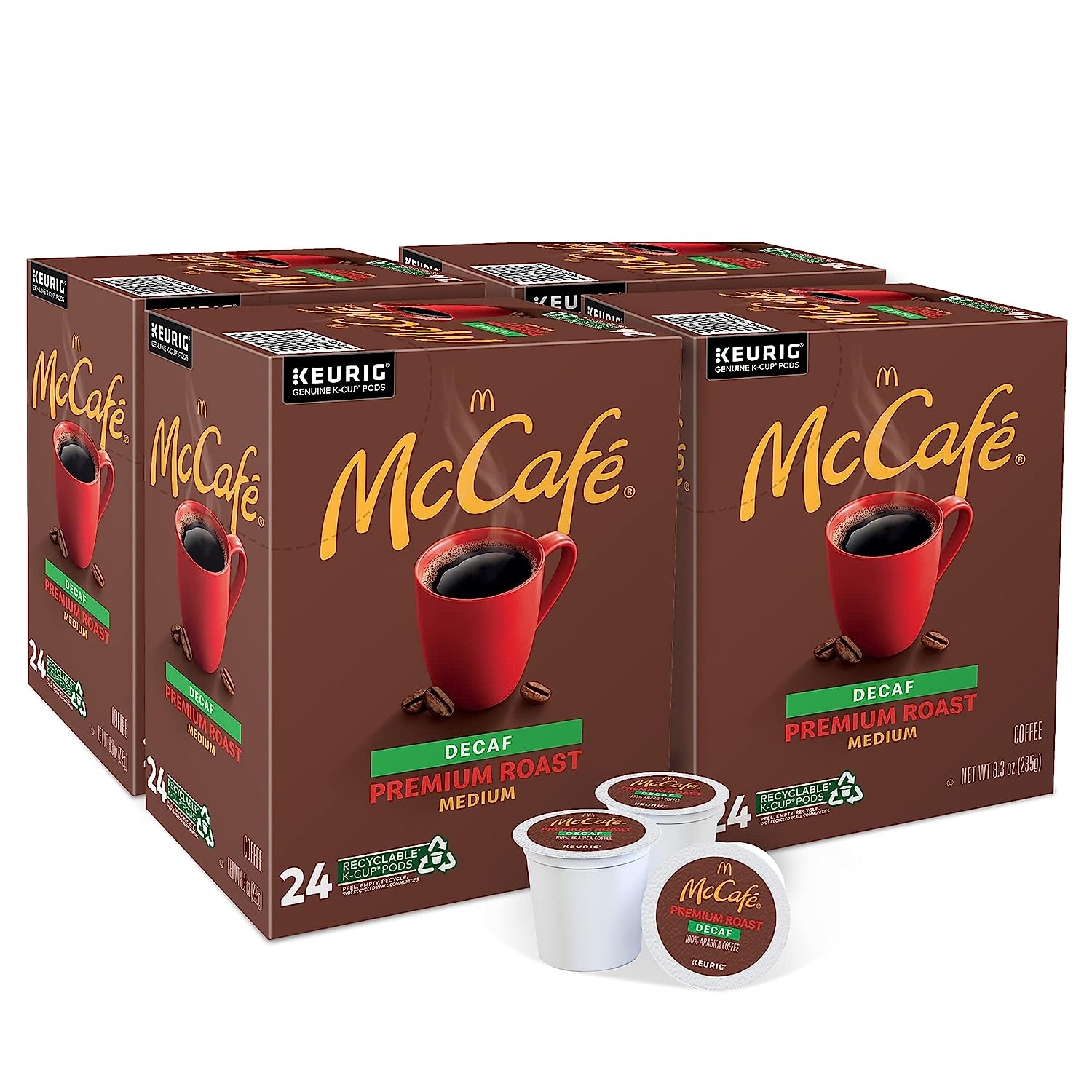McCafé Premium Roast Decaf. Keurig Single Serve K-Cup Pods. Medium Roast Coffee Pods. 96 Count of pack of 4 of 24 K-Cup Pods each