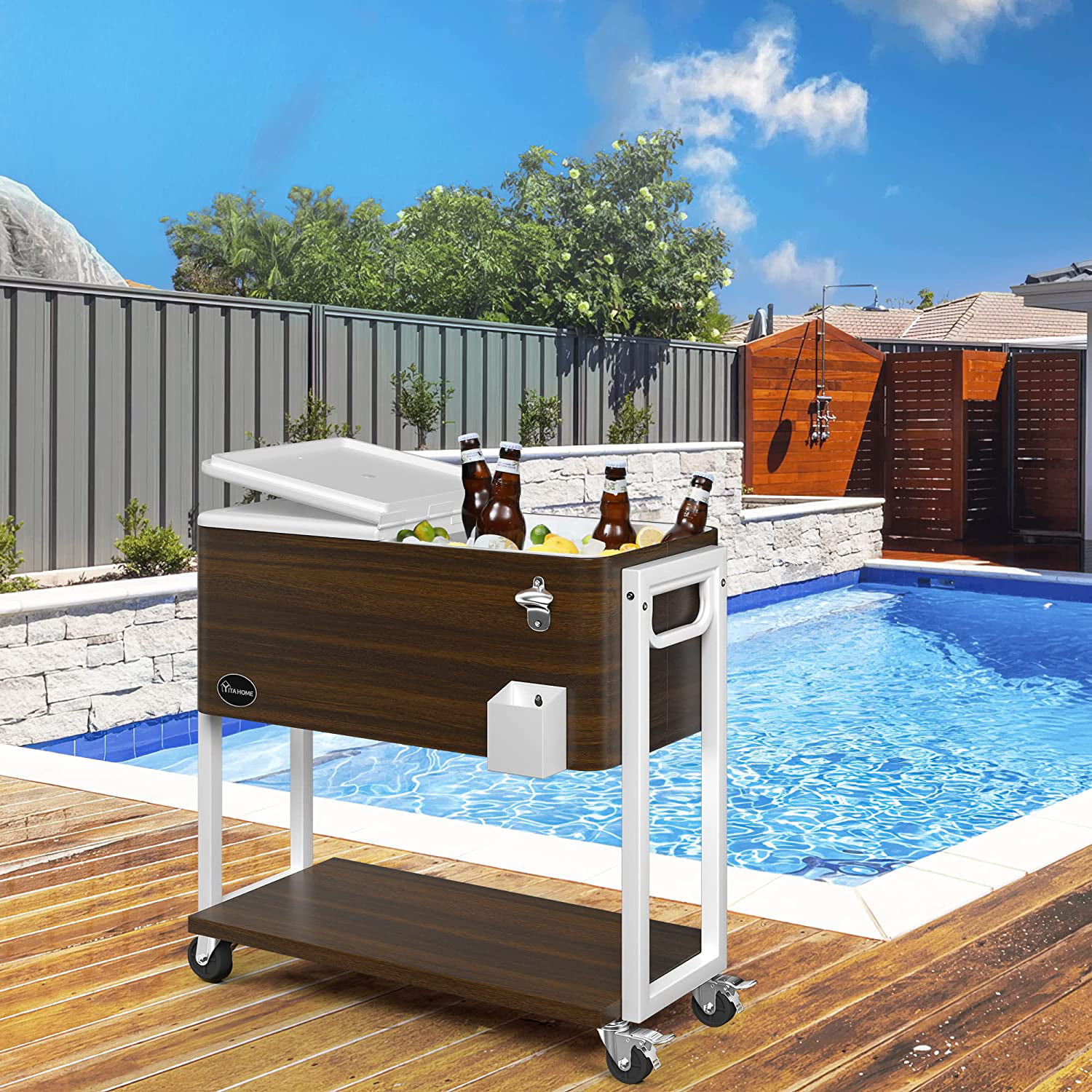 YITAHOME 80 Quart Rolling Cooler Cart with Bottle Opener Drainage. Portable Patio Cooler Rolling on Wheels. Outdoor Rolling Beverage Cart Drink Cooler for Patio Pool Deck Party BBQ Cookouts. Brown