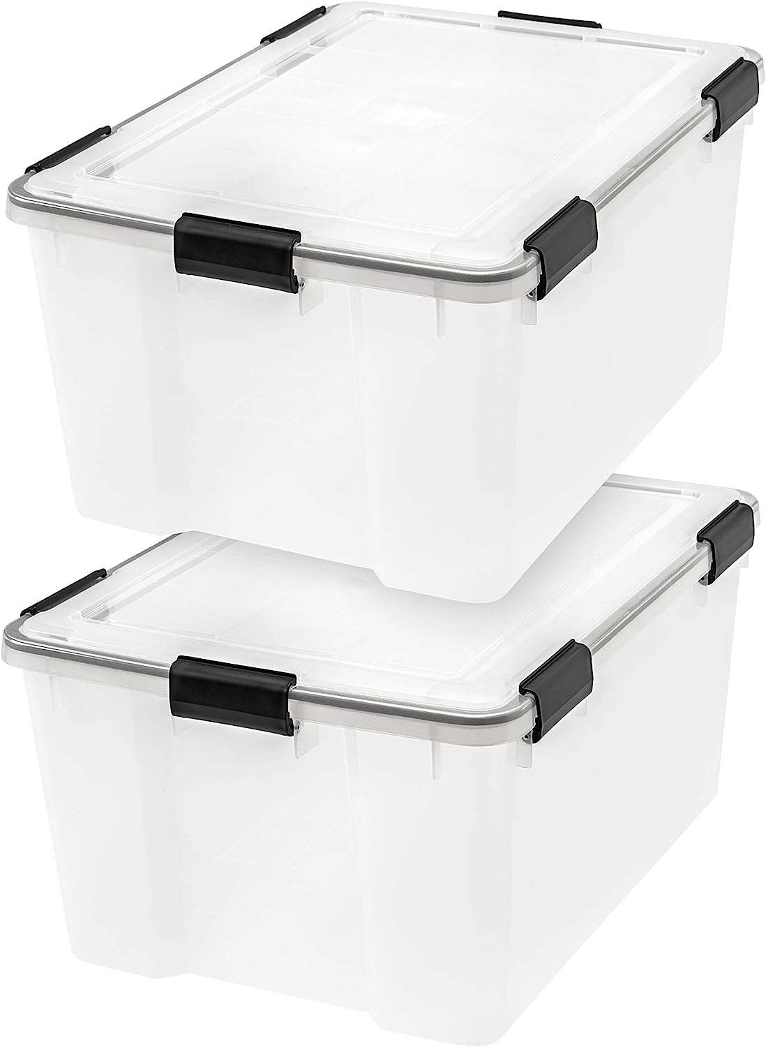 IRIS USA 62.8 Quart WEATHERPRO Plastic Storage Box with Durable Lid and Seal and Secure Latching Buckles. Weathertight. Clear with Black Buckles. 2 Pack
