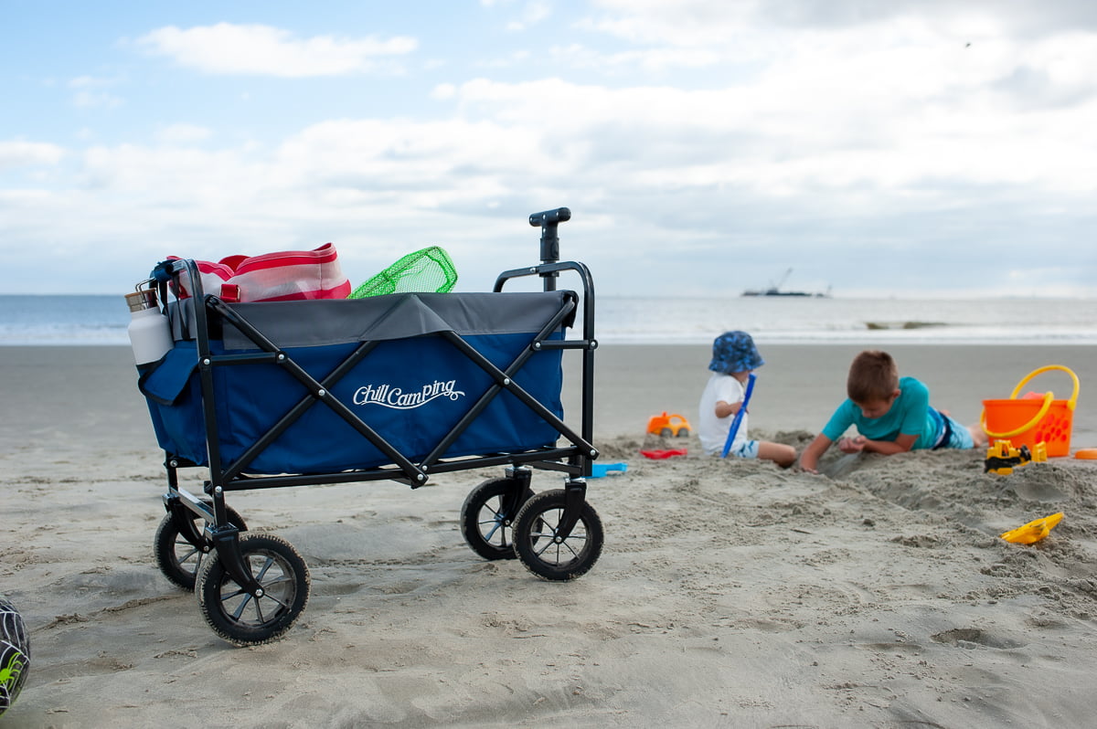 Collapsible Wagon Foldable Cart with All Terrain Big Wheels. Utility Wagon for Garden Outdoor Camping Picnic Beach Sports. Grocery Shopping Cart. Blue