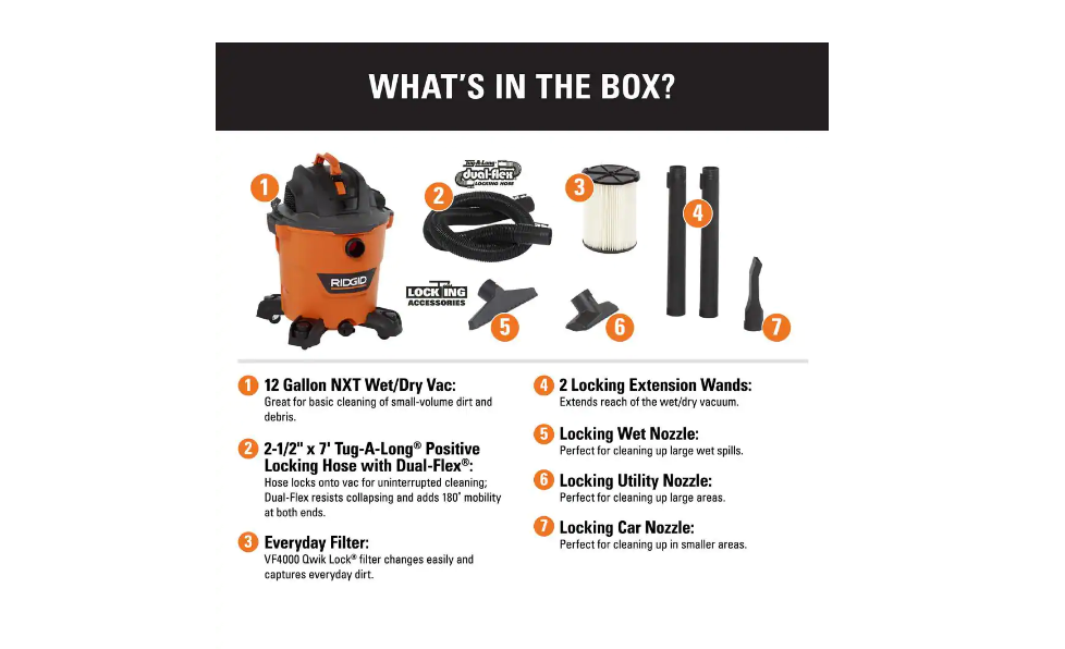 RIDGID HD1200 12 Gal. 5.0-Peak HP NXT Wet/Dry Shop Vacuum with Filter. Hose and Accessories