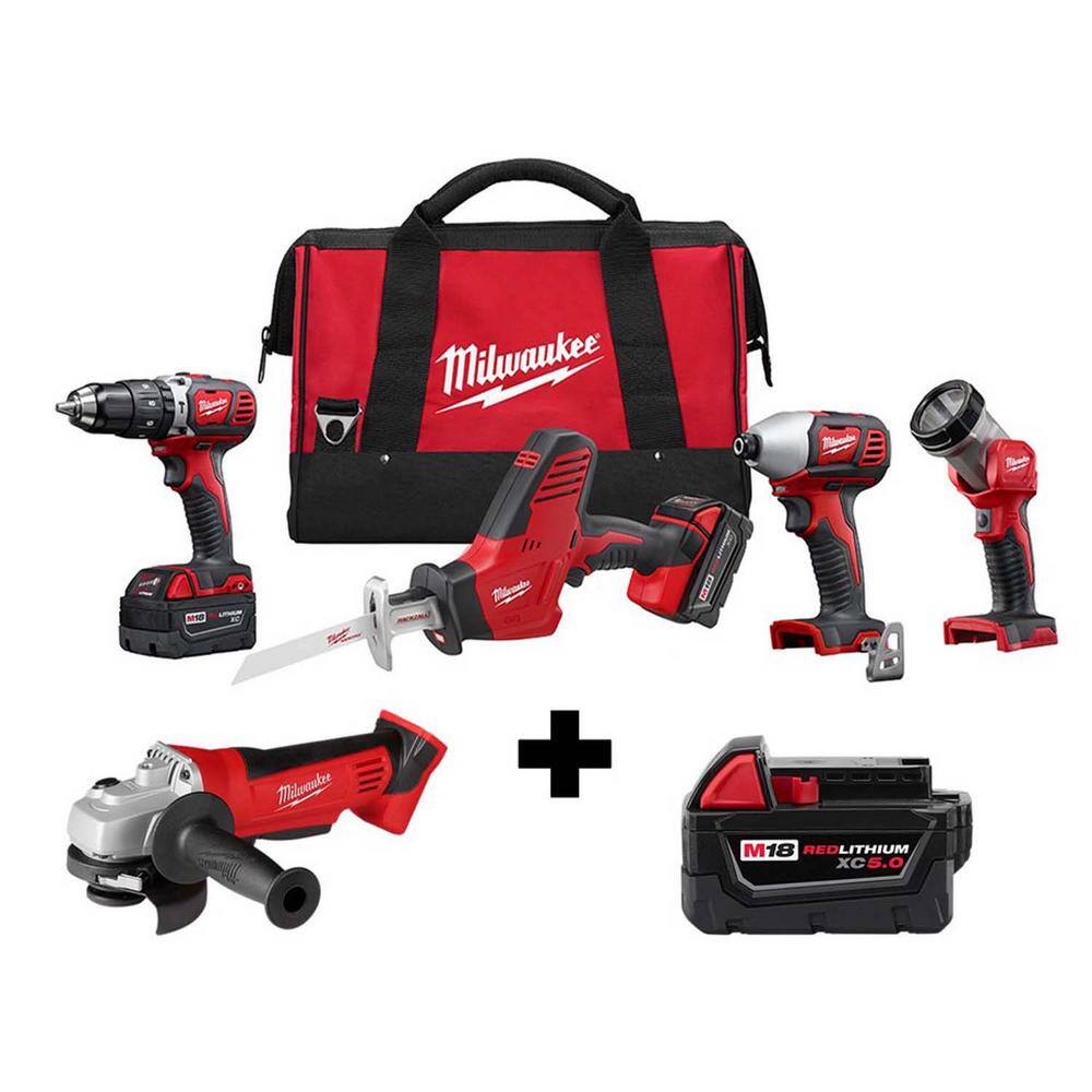 Milwaukee  M18 18V Lithium-Ion Cordless Combo Tool Kit (4-Tool) w/ Grinder and Additional 5.0Ah Battery