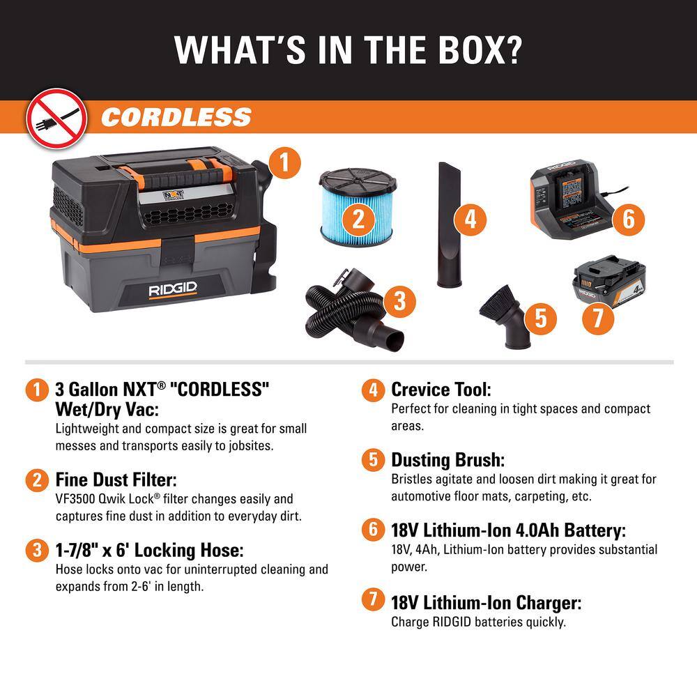 RIDGID 3 Gal. 18-Volt Cordless Handheld NXT Wet/Dry Vacuum with Battery. Charger. Fine Dust Filter. Hose and Accessories