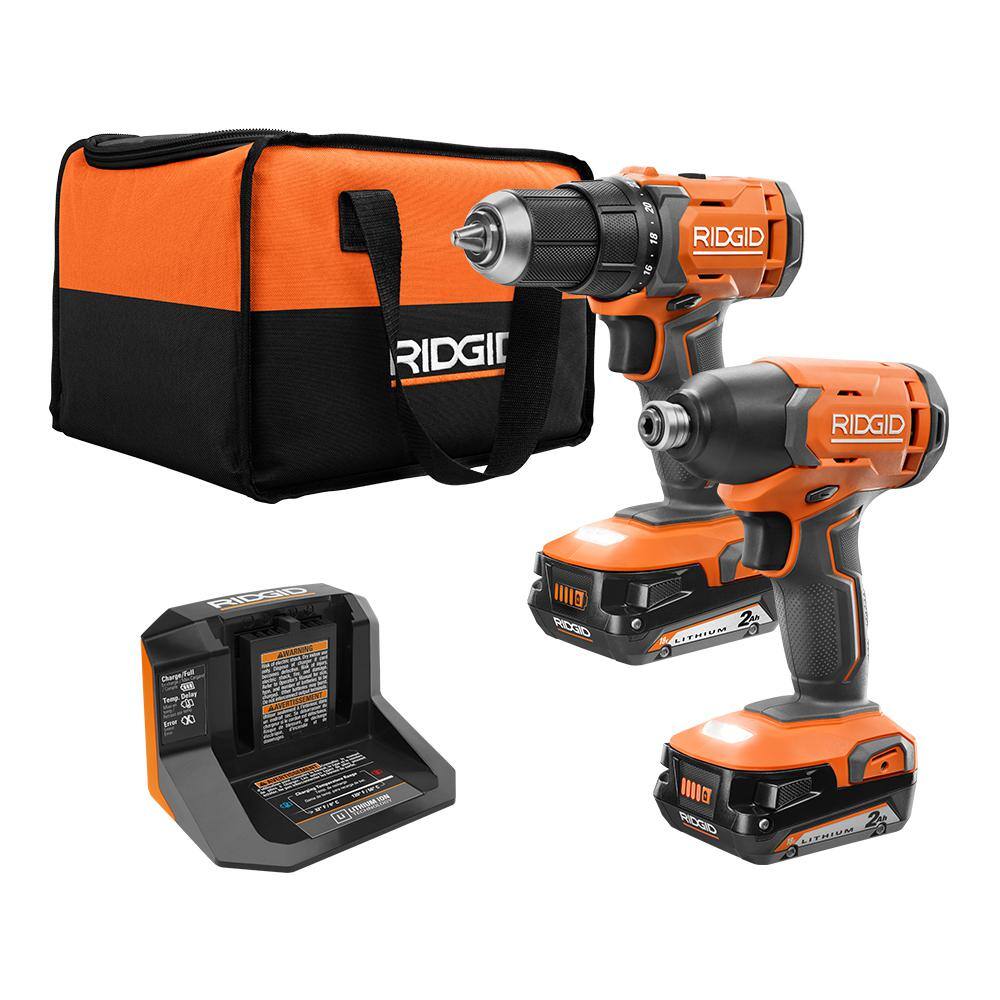 RIDGID R9272 18V Cordless 2-Tool Combo Kit with 1/2 in. Drill/Driver. 1/4 in. Impact Driver. (2) 2.0 Ah Batteries. Charger. and Bag