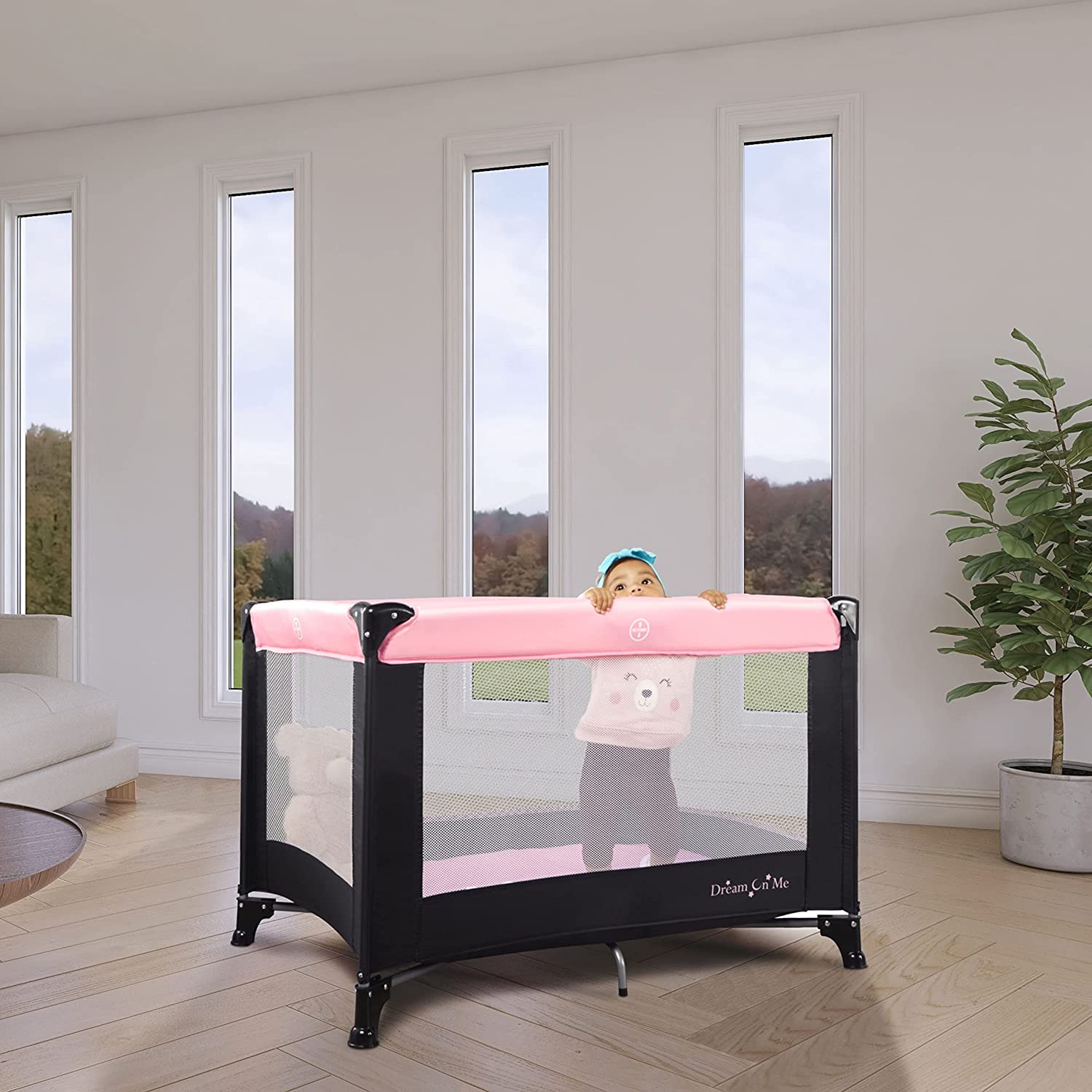 Dream On Me Nest Portable Play Yard with Carry Bag and Shoulder Strap. Pink