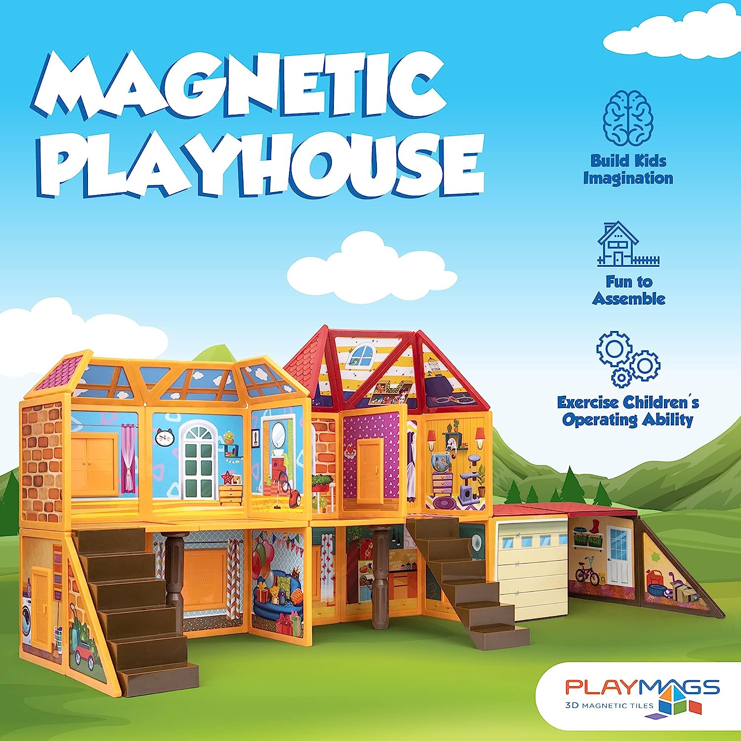 Playmags Magnetic Tiles Building Set. Dollhouse Pretend Play Toy. Creativity and Educational Magnet Blocks Stem Toys. Imaginative Birthday Gift for Kids Ages 3+