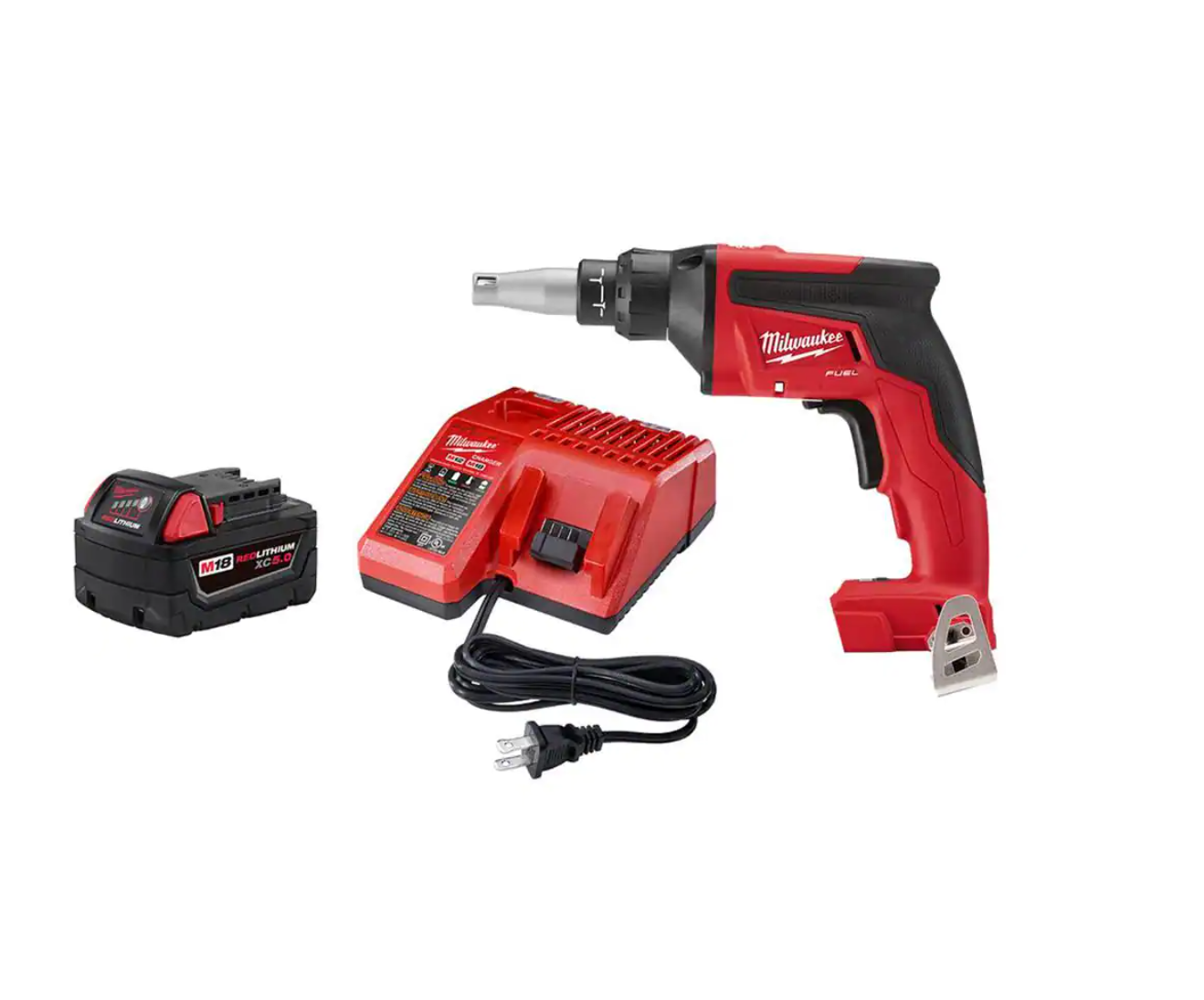 Milwaukee 2866-20-48-59-1850 M18 FUEL 18-Volt Lithium-Ion Brushless Cordless Drywall Screw Gun and Starter Kit with (1) 5.0 Ah Battery and Charger