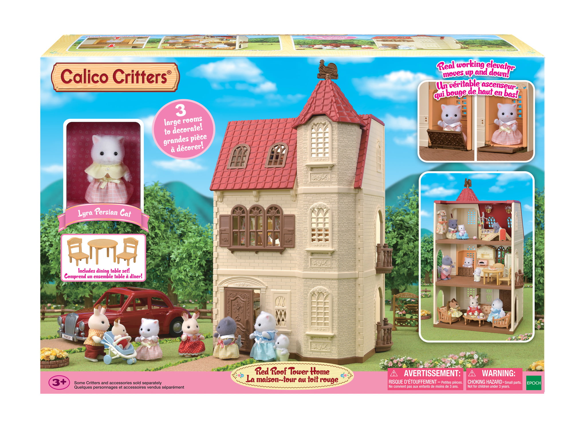 Calico Critters Red Roof Tower Home. 3 Story Dollhouse Playset with Figure. Furniture and Accessories