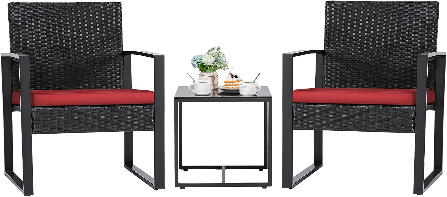 Flamaker 3 Pieces Wicker Patio Furniture Outdoor Modern Rattan Chair Conversation Sets with Coffee Table for Yard and Bistro (Red)