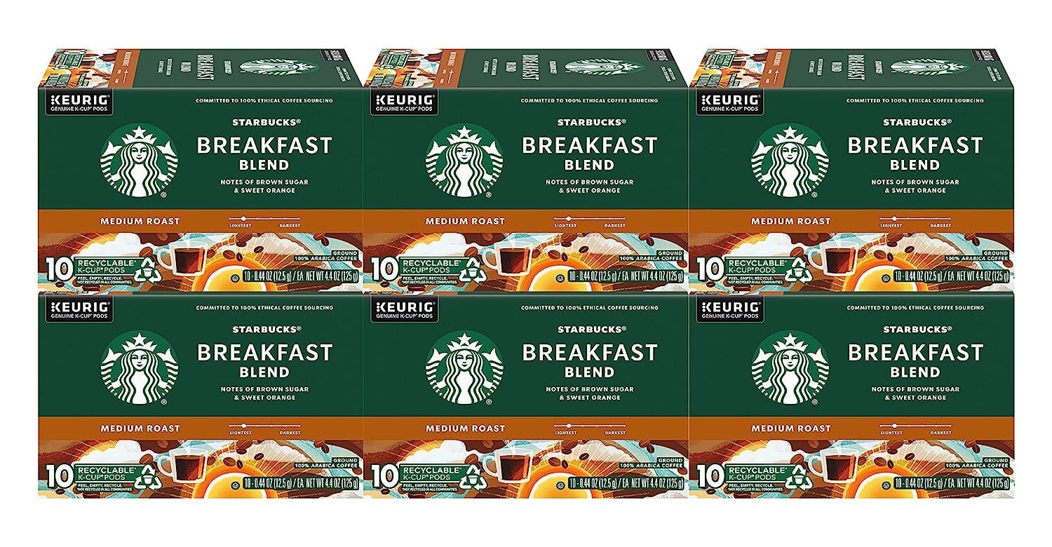 Starbucks Coffee K-Cup Pods. Breakfast Blend Medium Roast. Ground Coffee K-Cup Pods for Keurig Brewing System. 10 CT K-Cup Pods Per Box (Pack of 6 Boxes)
