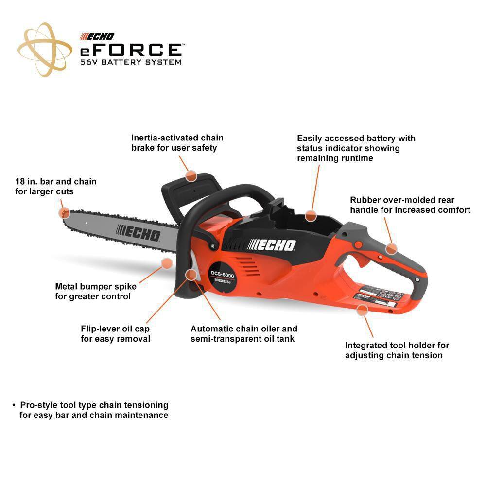 ECHO V-CAFXAF eFORCE 18 in. 56-Volt Cordless Battery Rear-Handle Chainsaw and Chain Combo Kit with 5.0Ah Battery and Charger(1-Tool)