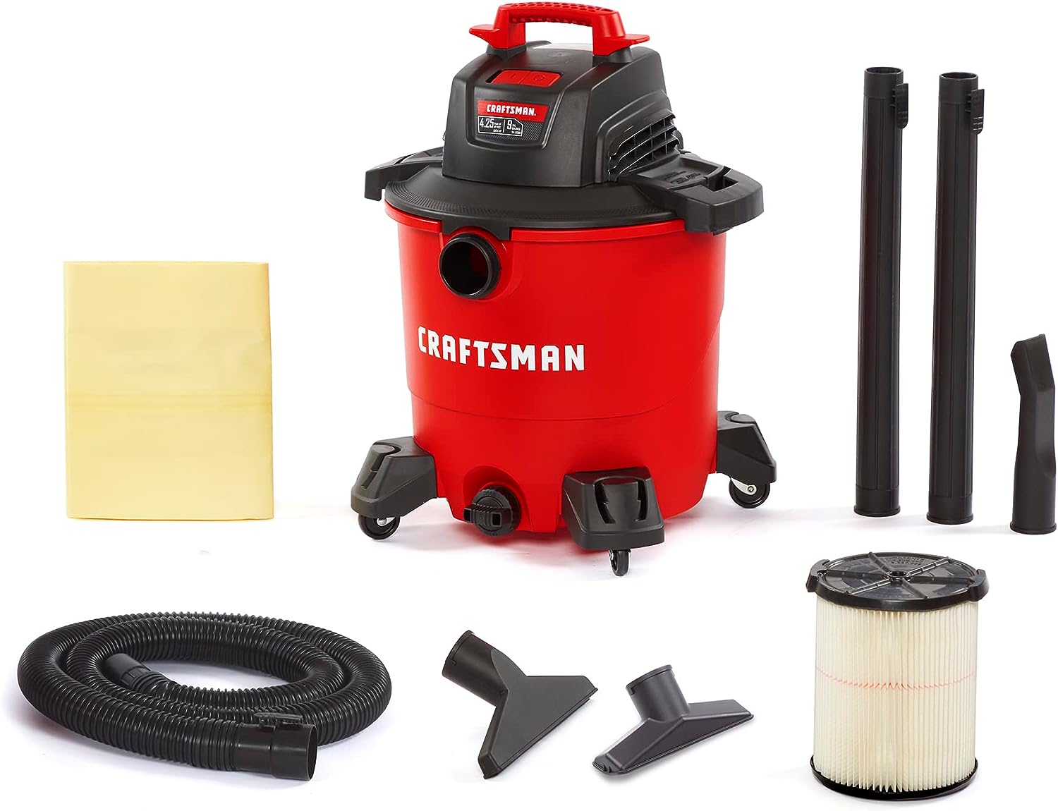 CRAFTSMAN CMXEVBE17590 9 Gallon 4.25 Peak HP Wet/Dry Vac. General Purpose Portable Shop Vacuum with Attachments. Red