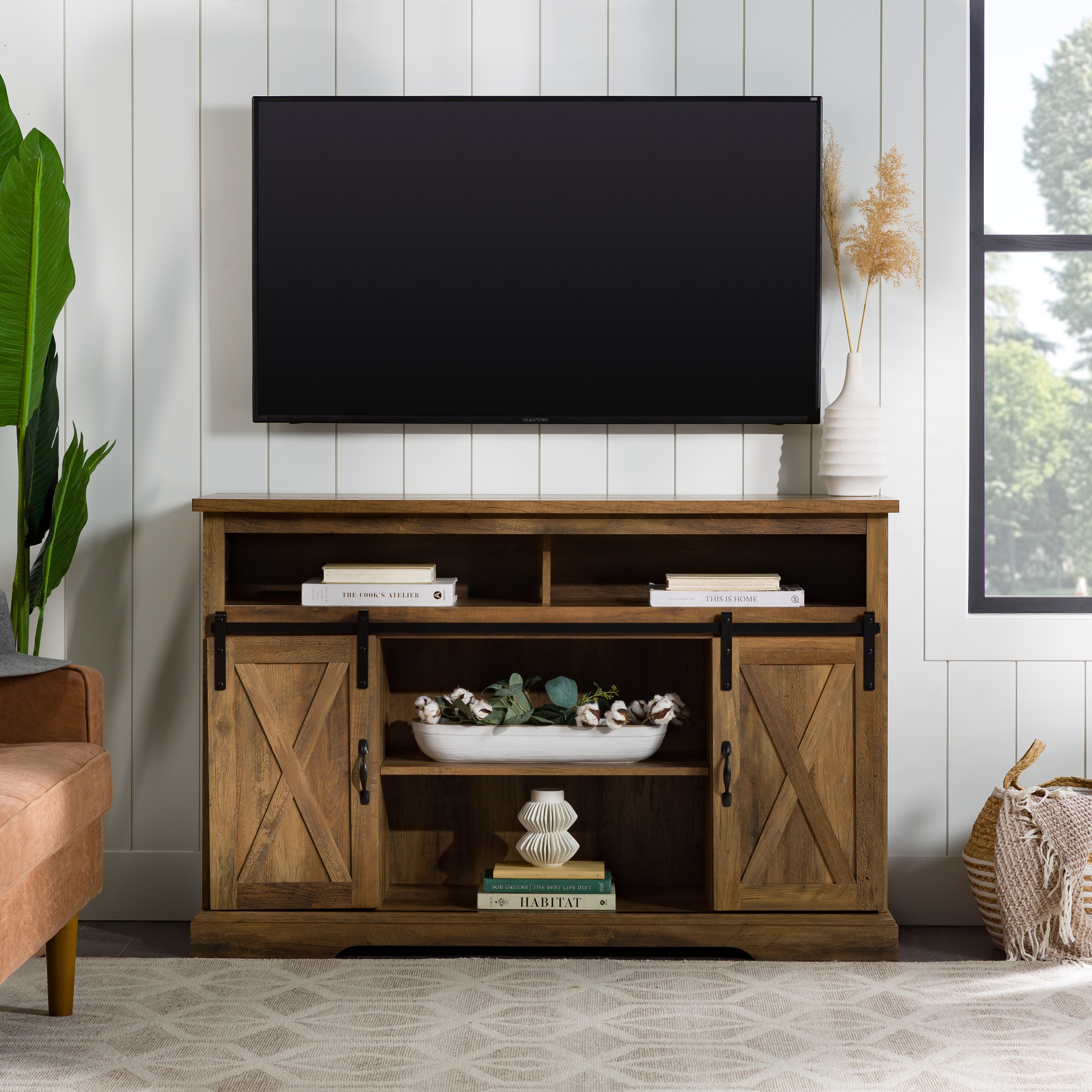 Woven Paths Farmhouse Barn Door TV Stand for TVs up to 58″. Reclaimed Barnwood